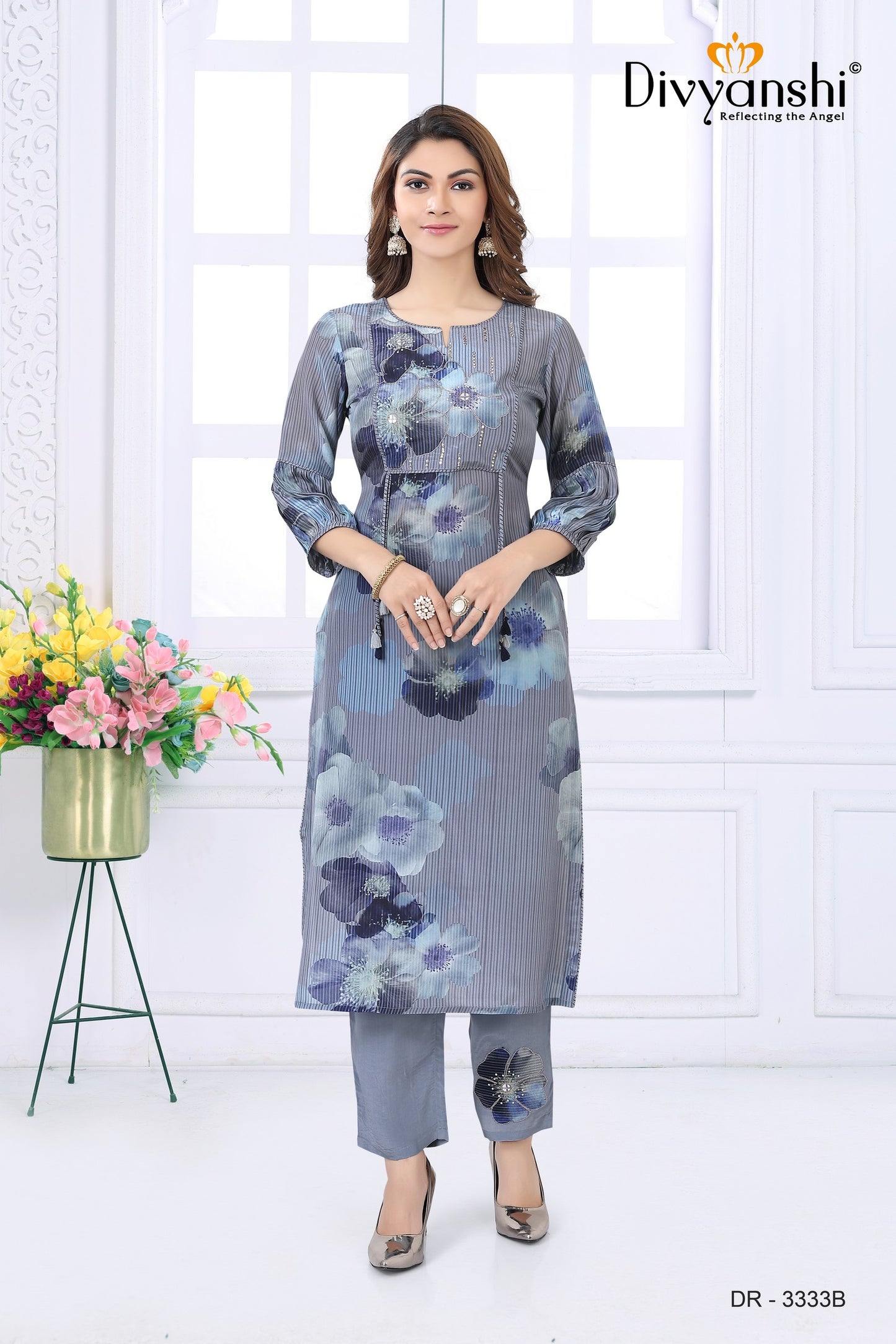 Floral and Stripe Print Designer 2 Pcs Set with Detailed Work to give elegant look (DR3333B)