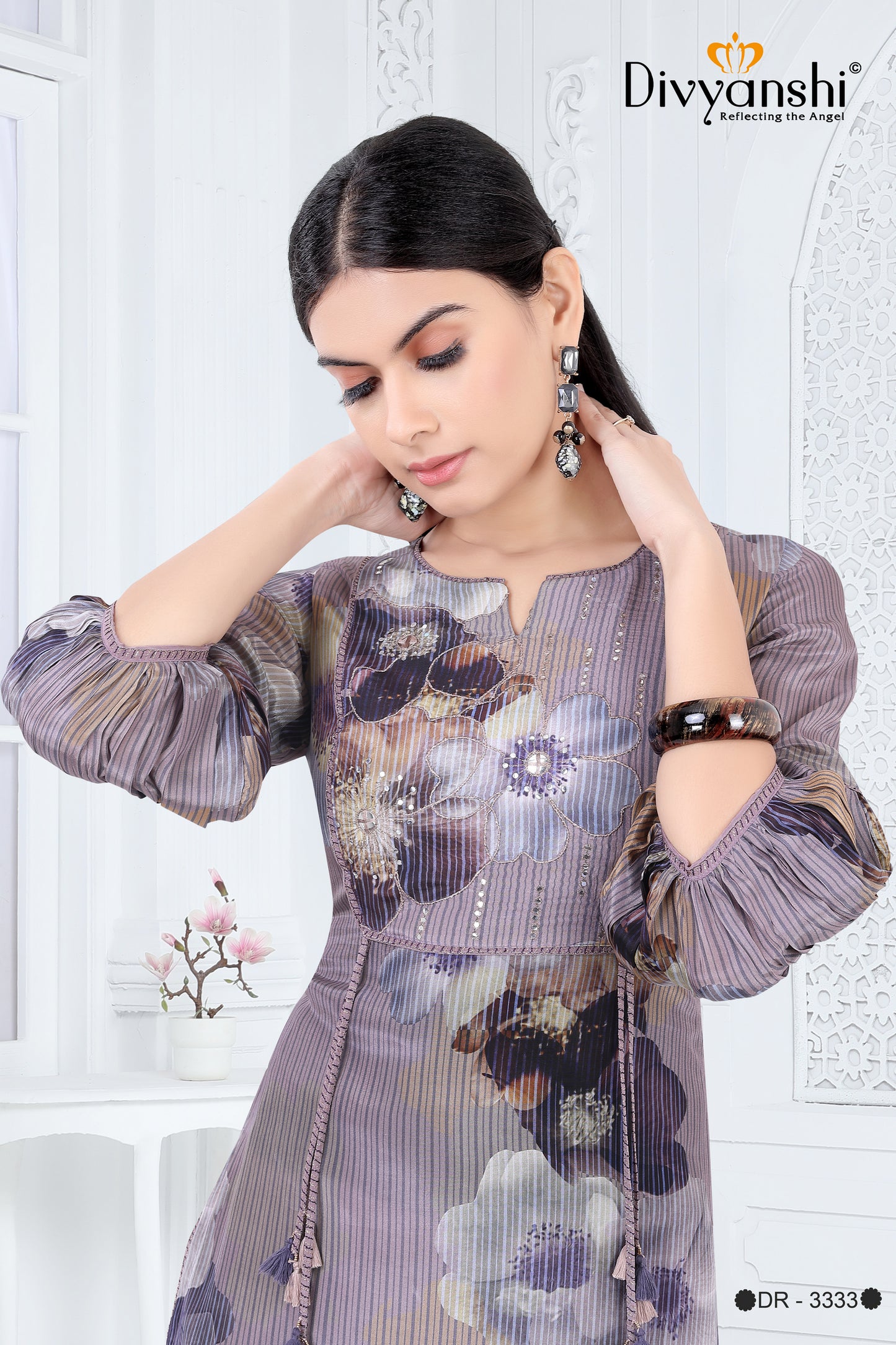 Floral and Stripe Print Designer 2 Pcs Set with Detailed Work to give elegant look (DR3333)