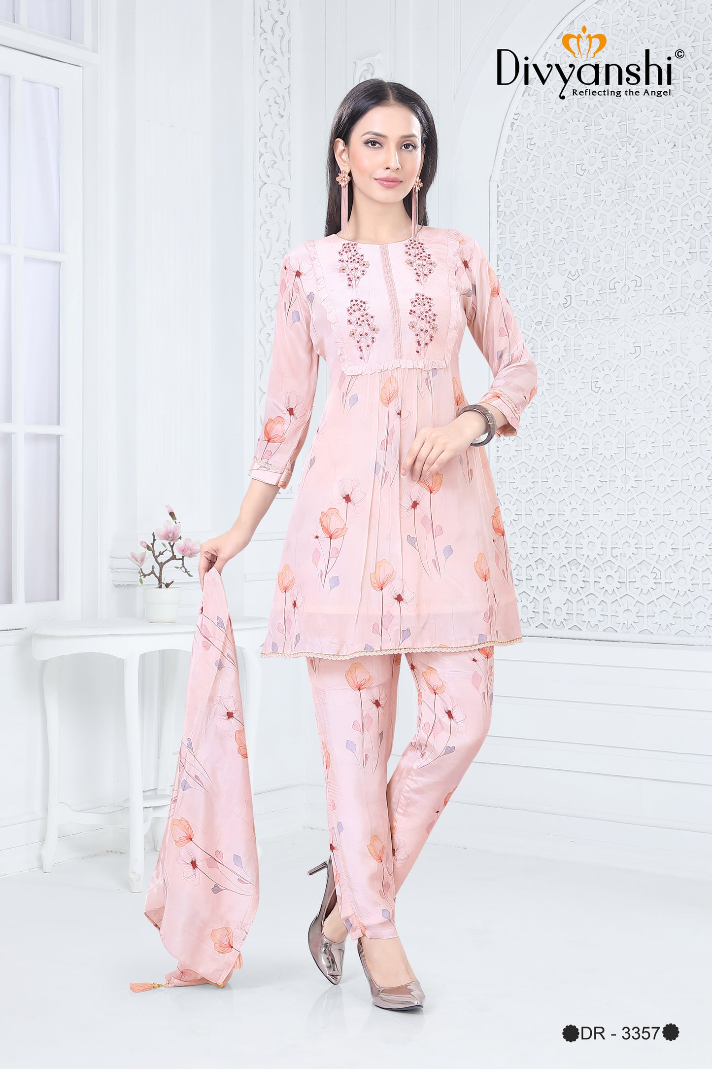 Pastel Shade Designer Cord Set on Floral Print fabric with matching scarf (DR3357)