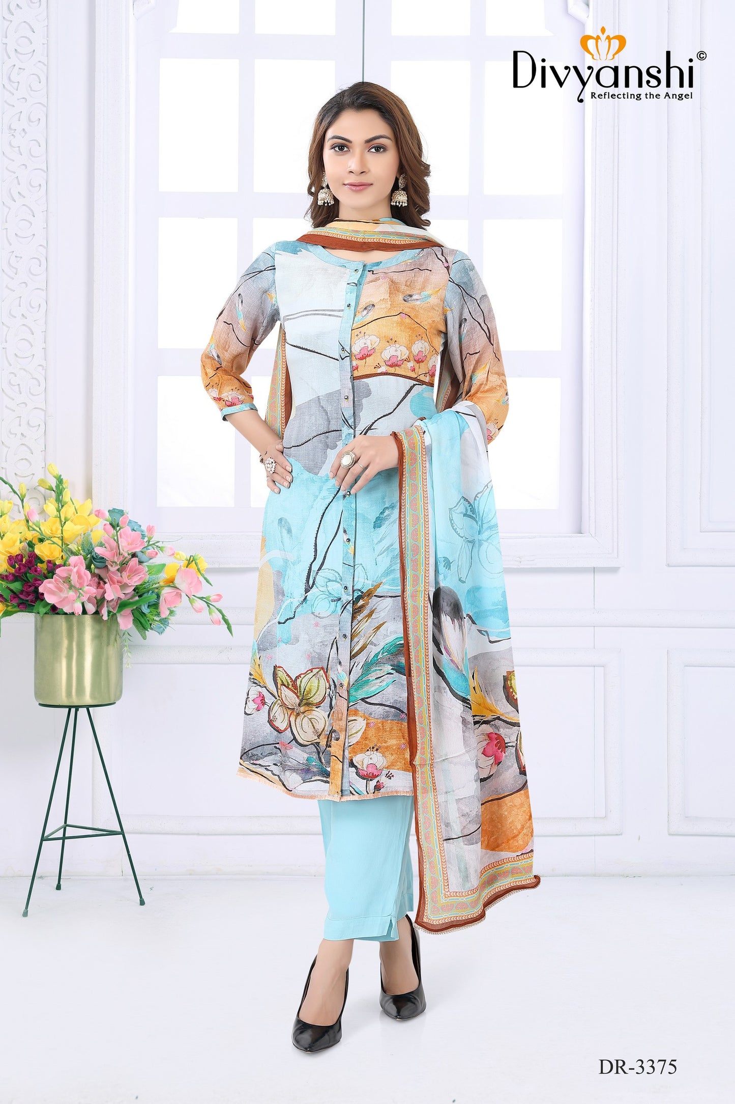 Style up your summer with most trending floral print 3 pcs designer set (DR3375)