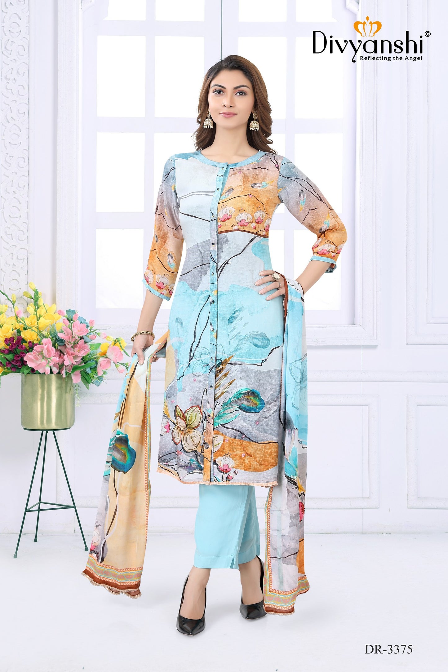 Style up your summer with most trending floral print 3 pcs designer set (DR3375)