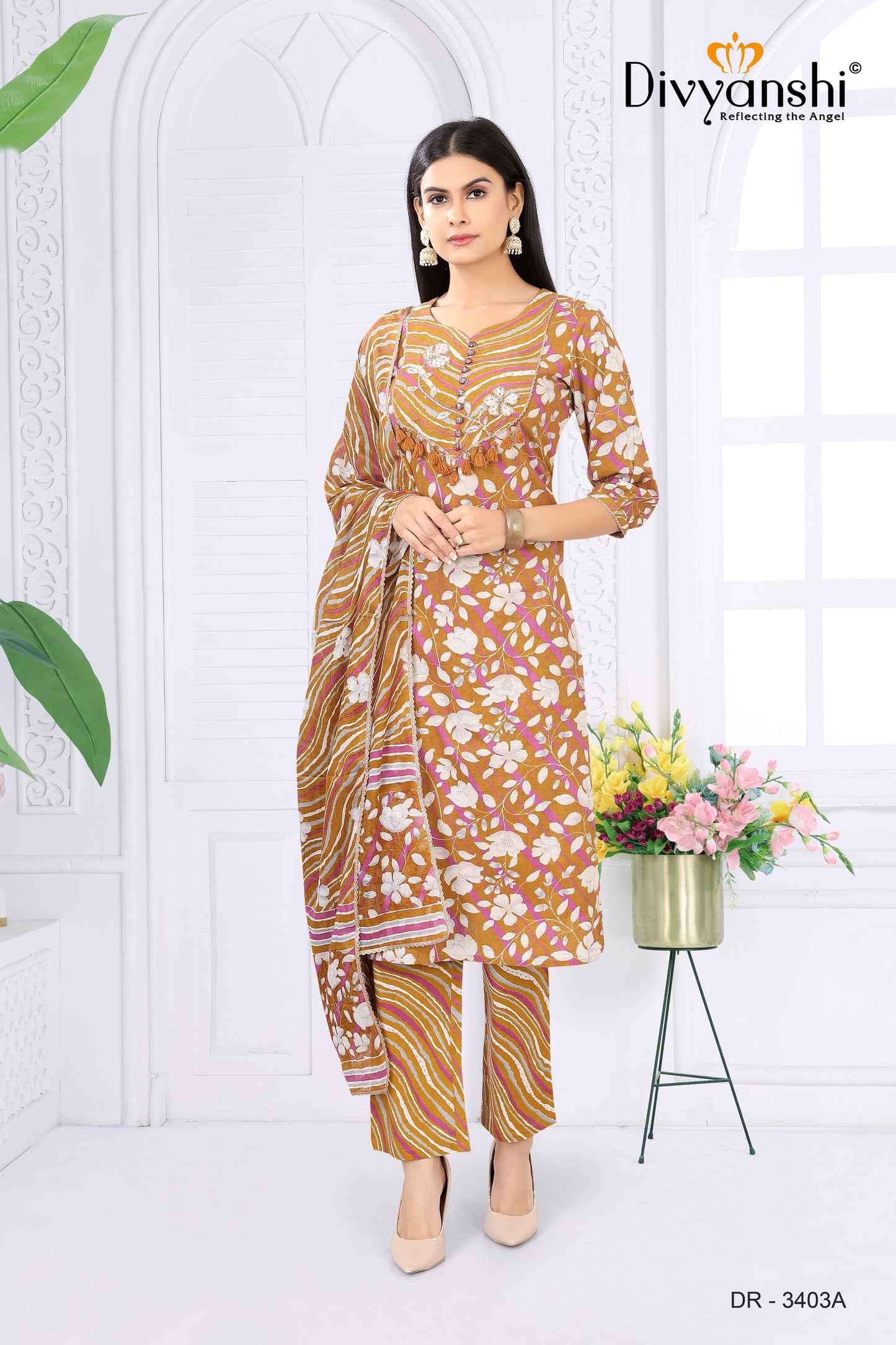 Premium Designer Straight Fit Kurti with matching bottom and dupatta to complete your look (DR3403A)