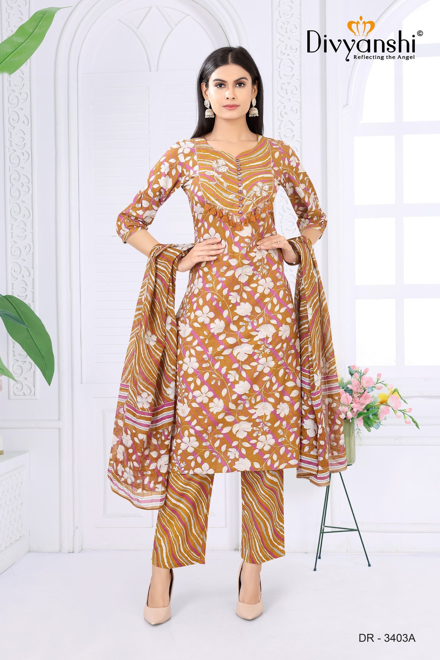 Premium Designer Straight Fit Kurti with matching bottom and dupatta to complete your look (DR3403A)