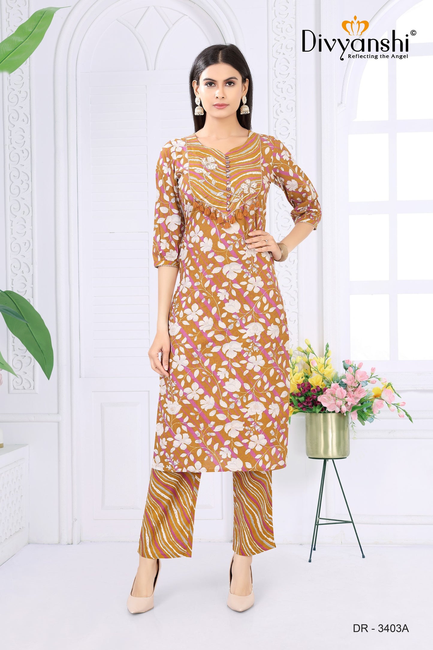 Premium Designer Straight Fit Kurti with matching bottom and dupatta to complete your look (DR3403A)