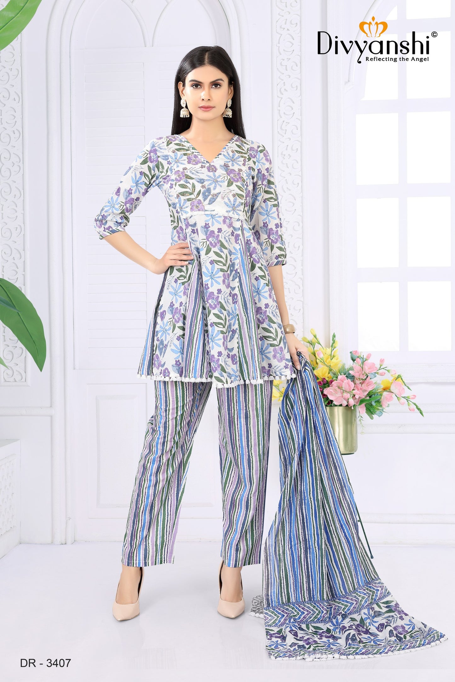 A-Line Designer Short Kurti with matching pant and dupatta (DR3407)