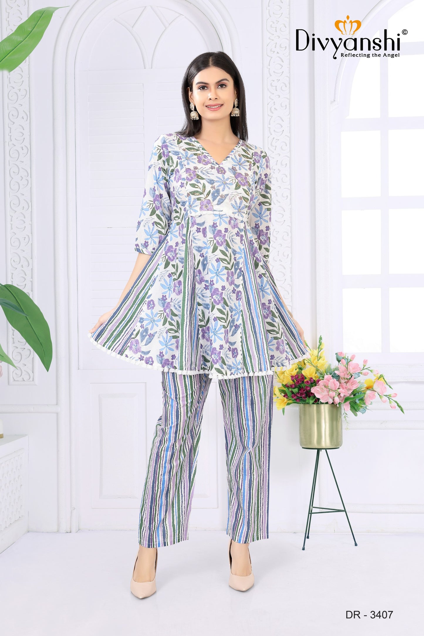 A-Line Designer Short Kurti with matching pant and dupatta (DR3407)