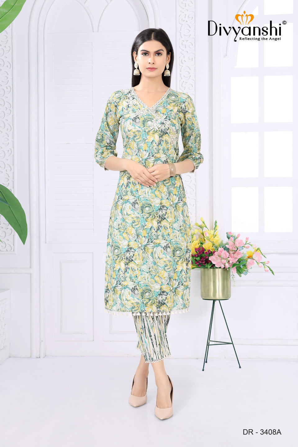 Florence theme V neck printed Kurti with matching bottom (DR3408A)