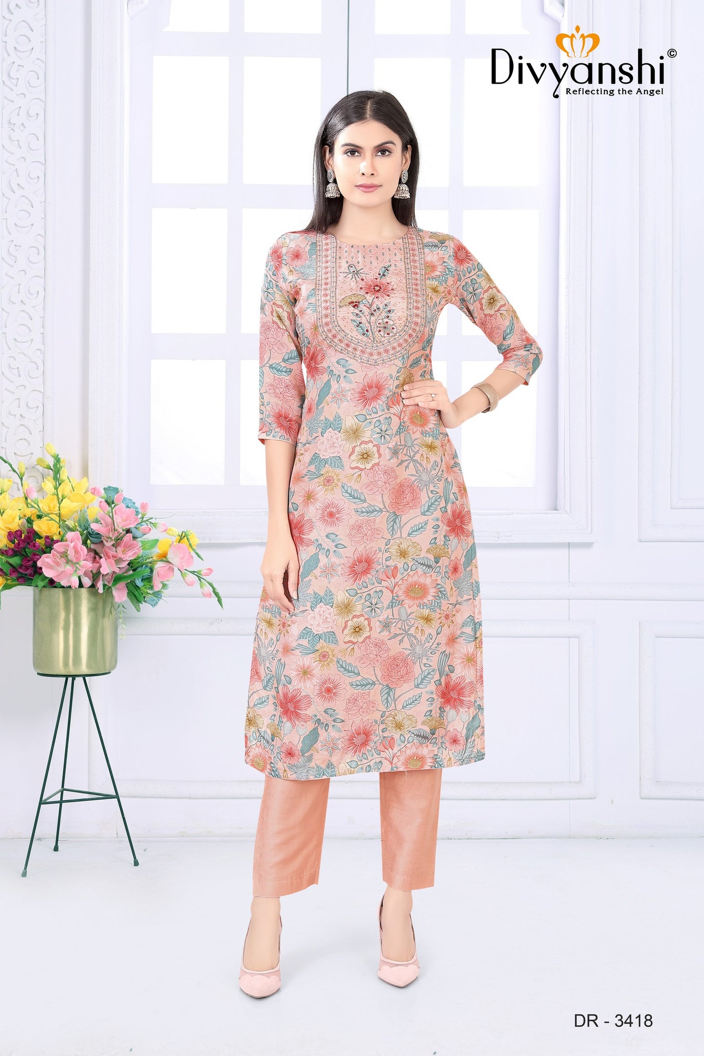 Straight Fit Designer Kurti with Detailed handwork for Elegant Look (DR3418D)