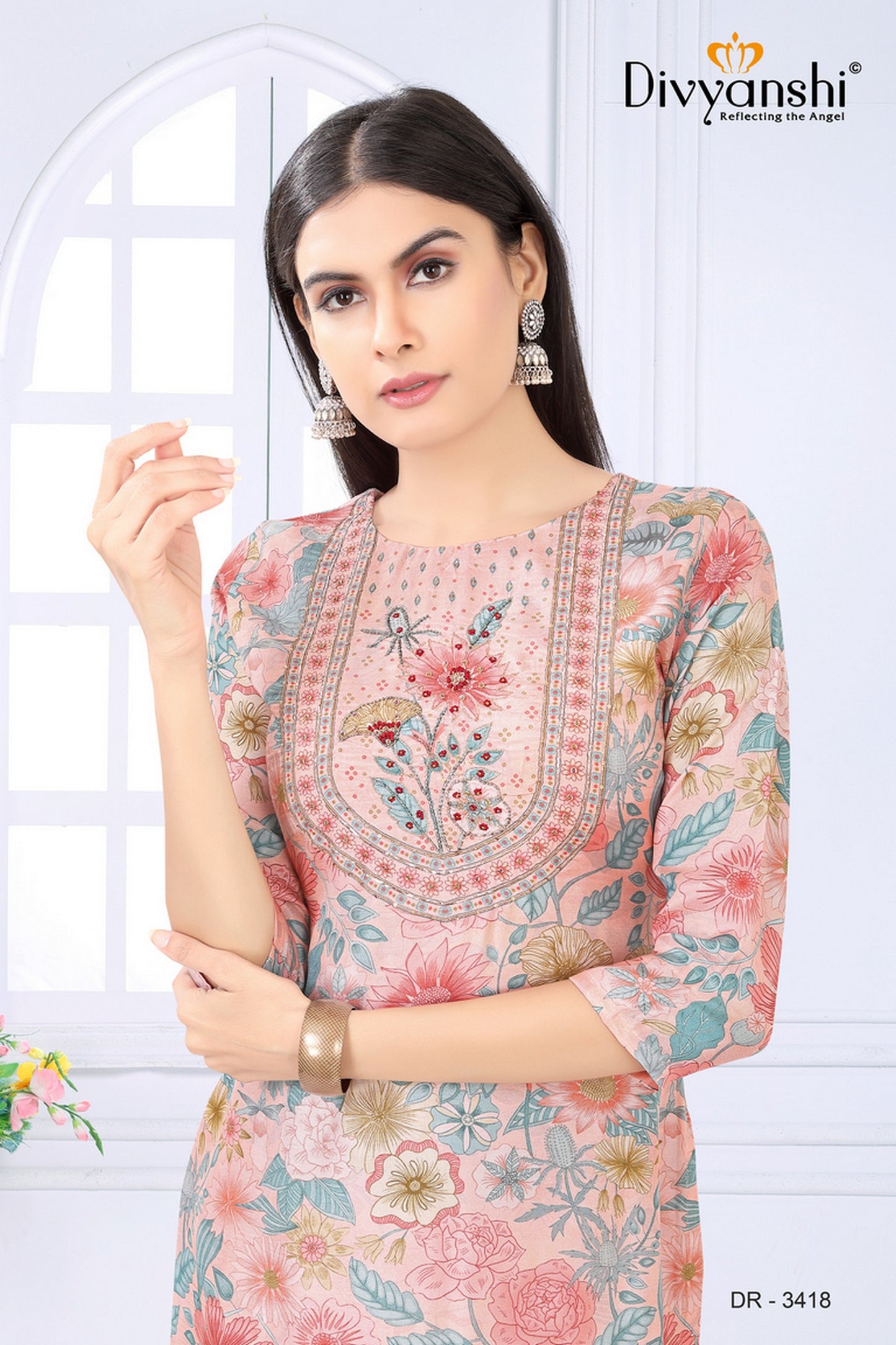 Straight Fit Designer Kurti with Detailed handwork for Elegant Look (DR3418D)