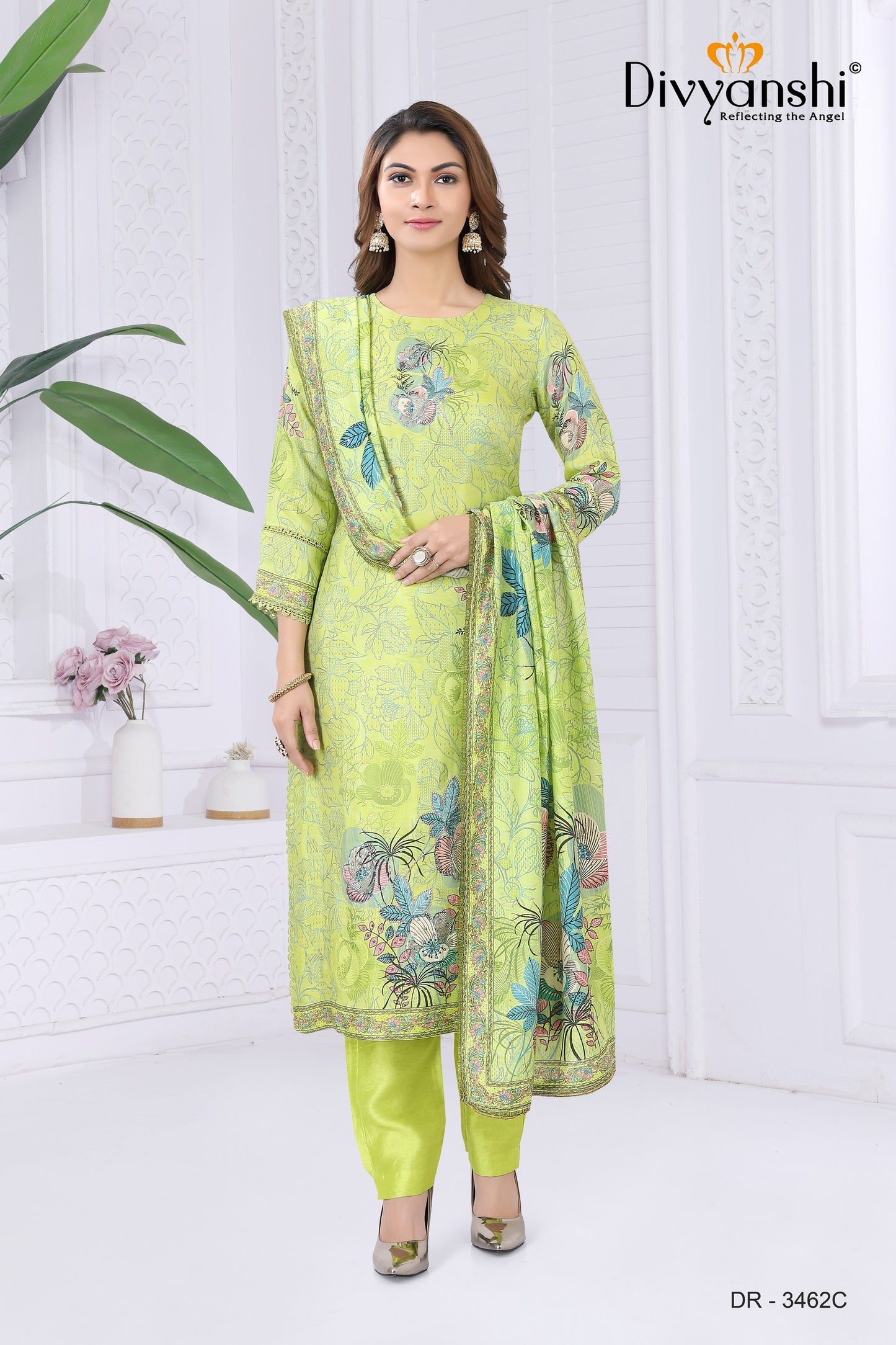 Elegant Floral Print Straight Fit Kurti with matching pant and Dupatta (DR3462C)