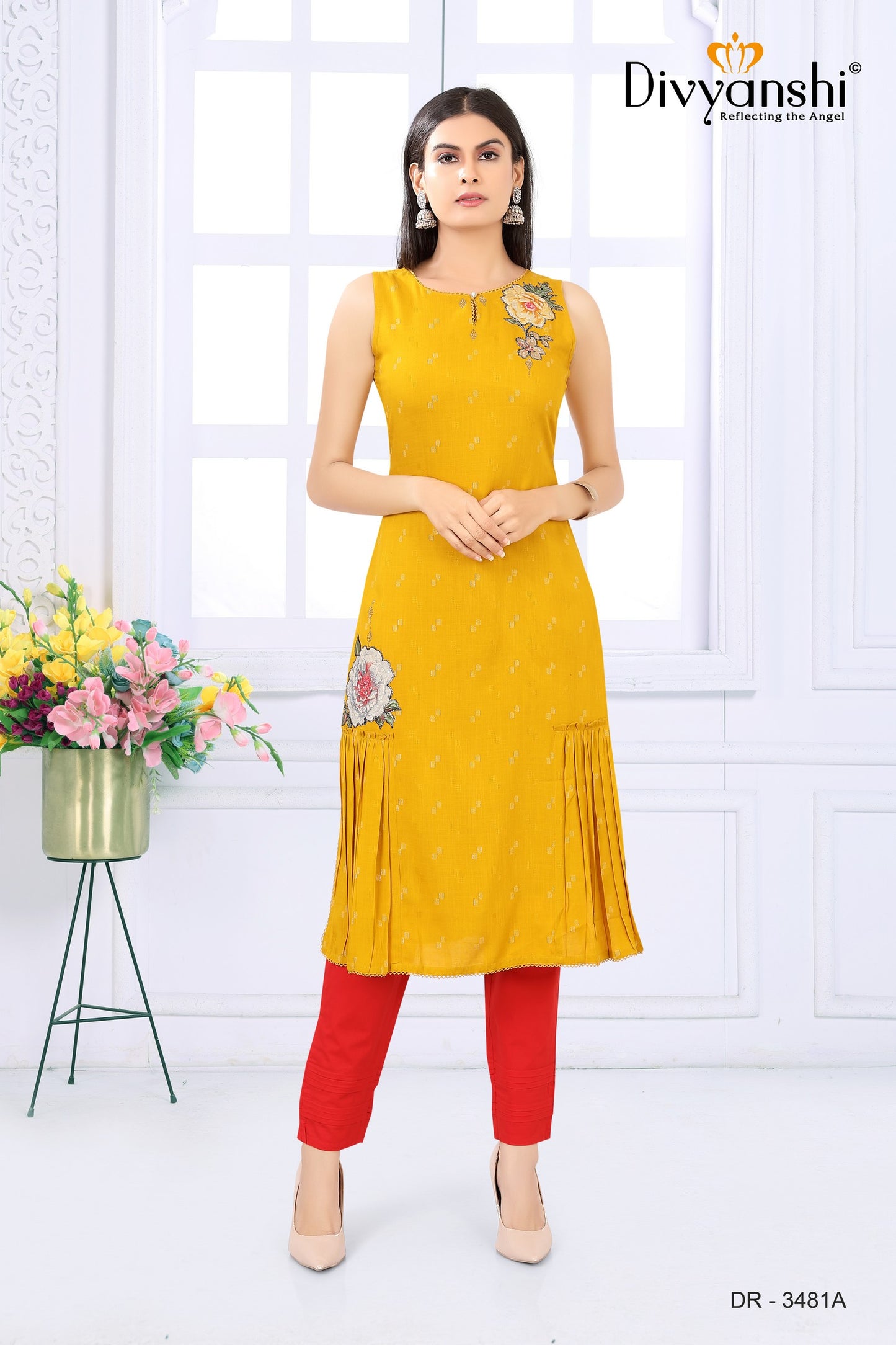 Straight Fit Yellow Cotton Kurti with Fancy Flared Cut (DR3481A)