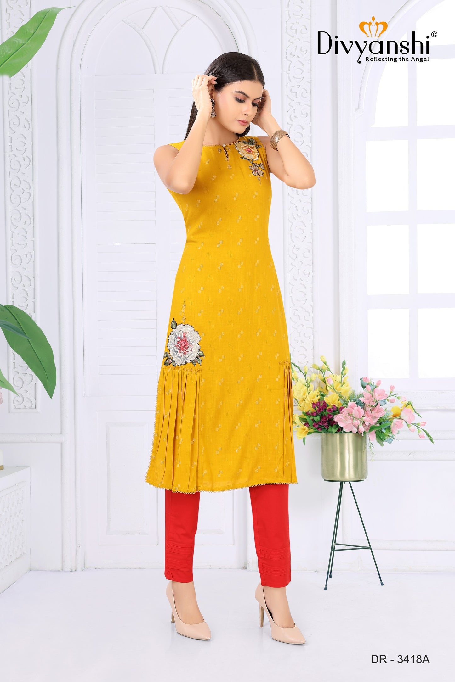 Straight Fit Yellow Cotton Kurti with Fancy Flared Cut (DR3481A)