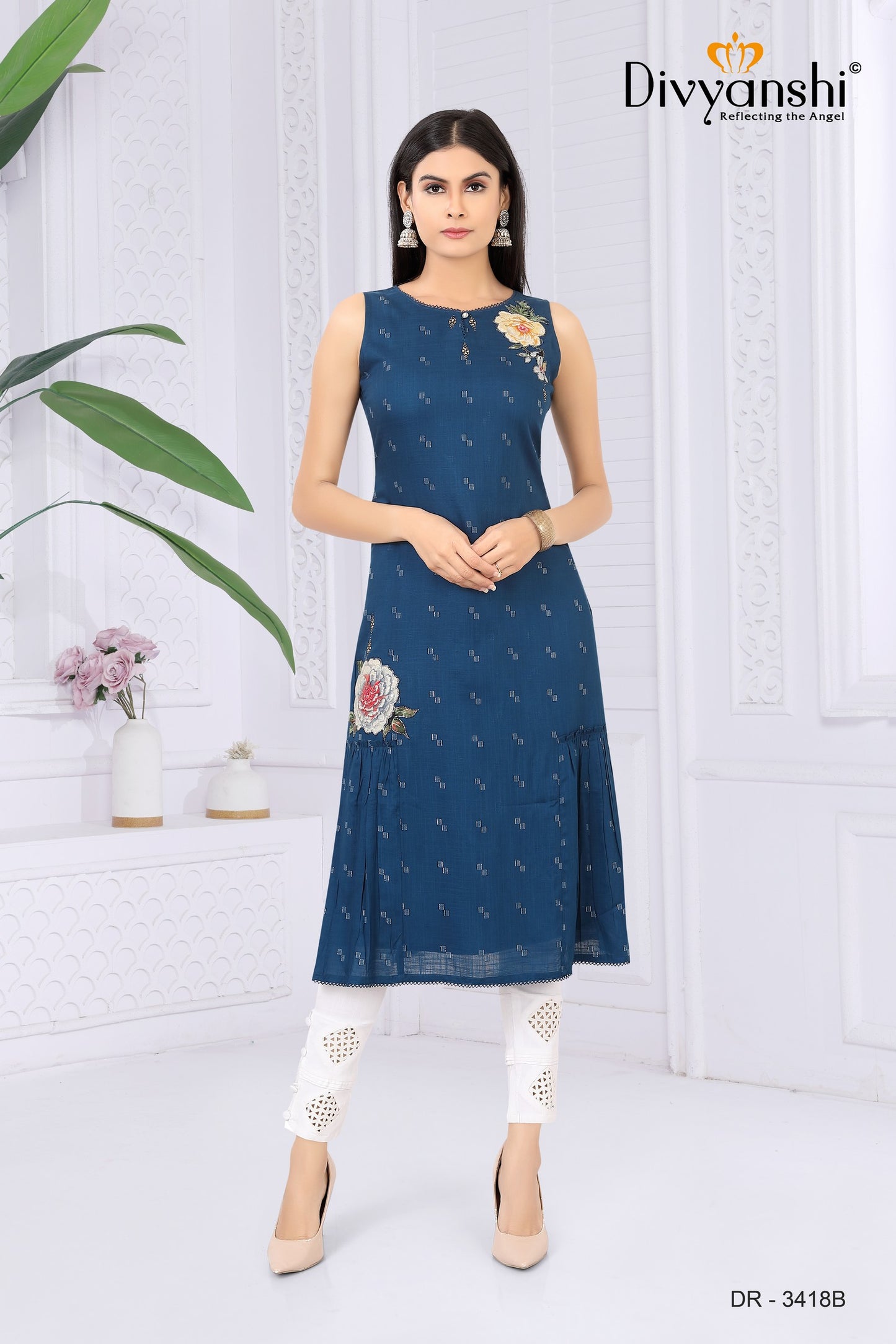 Straight Fit Yellow Cotton Kurti with Fancy Flared Cut (DR3481B)