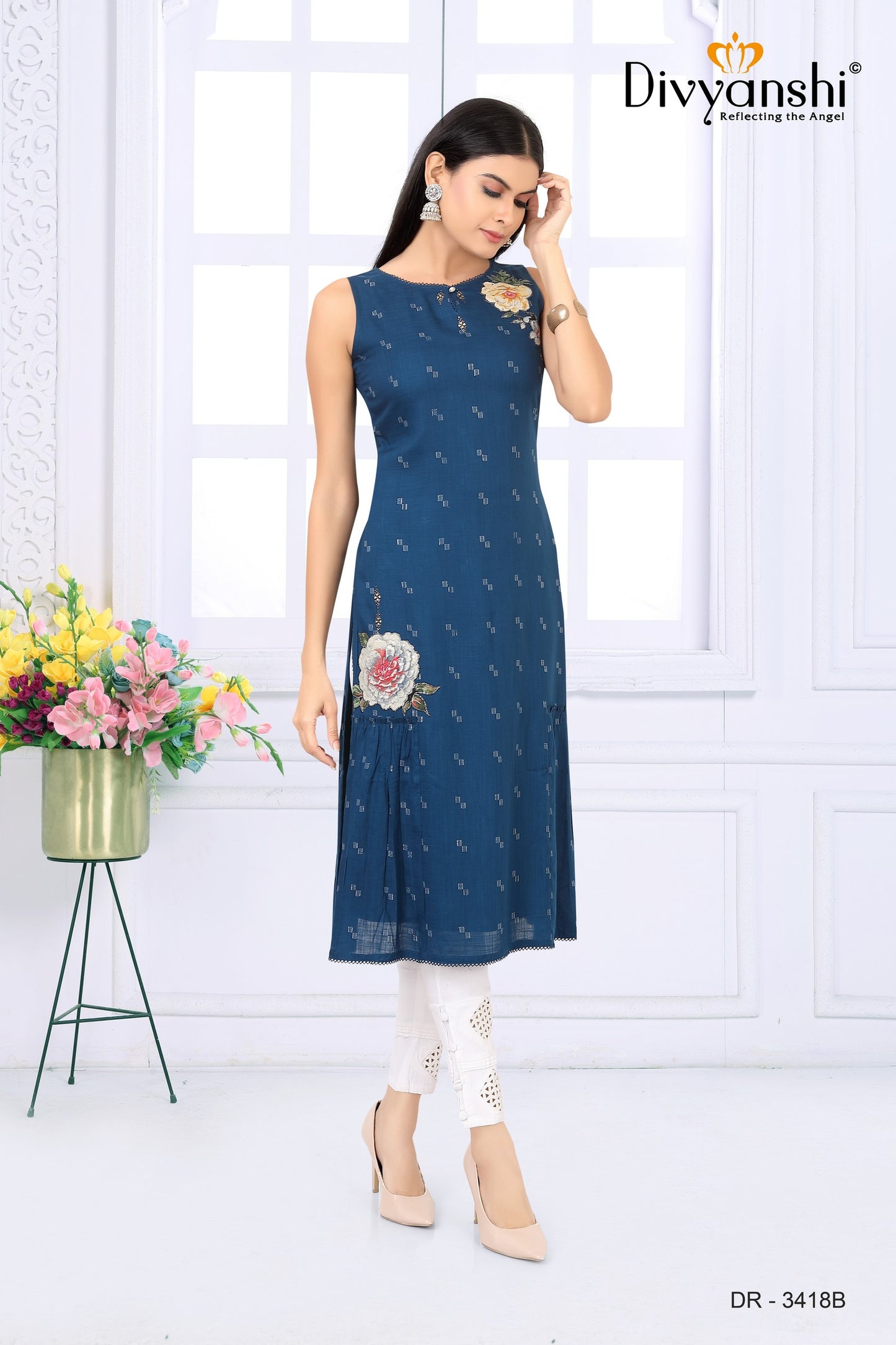 Straight Fit Yellow Cotton Kurti with Fancy Flared Cut (DR3481B)