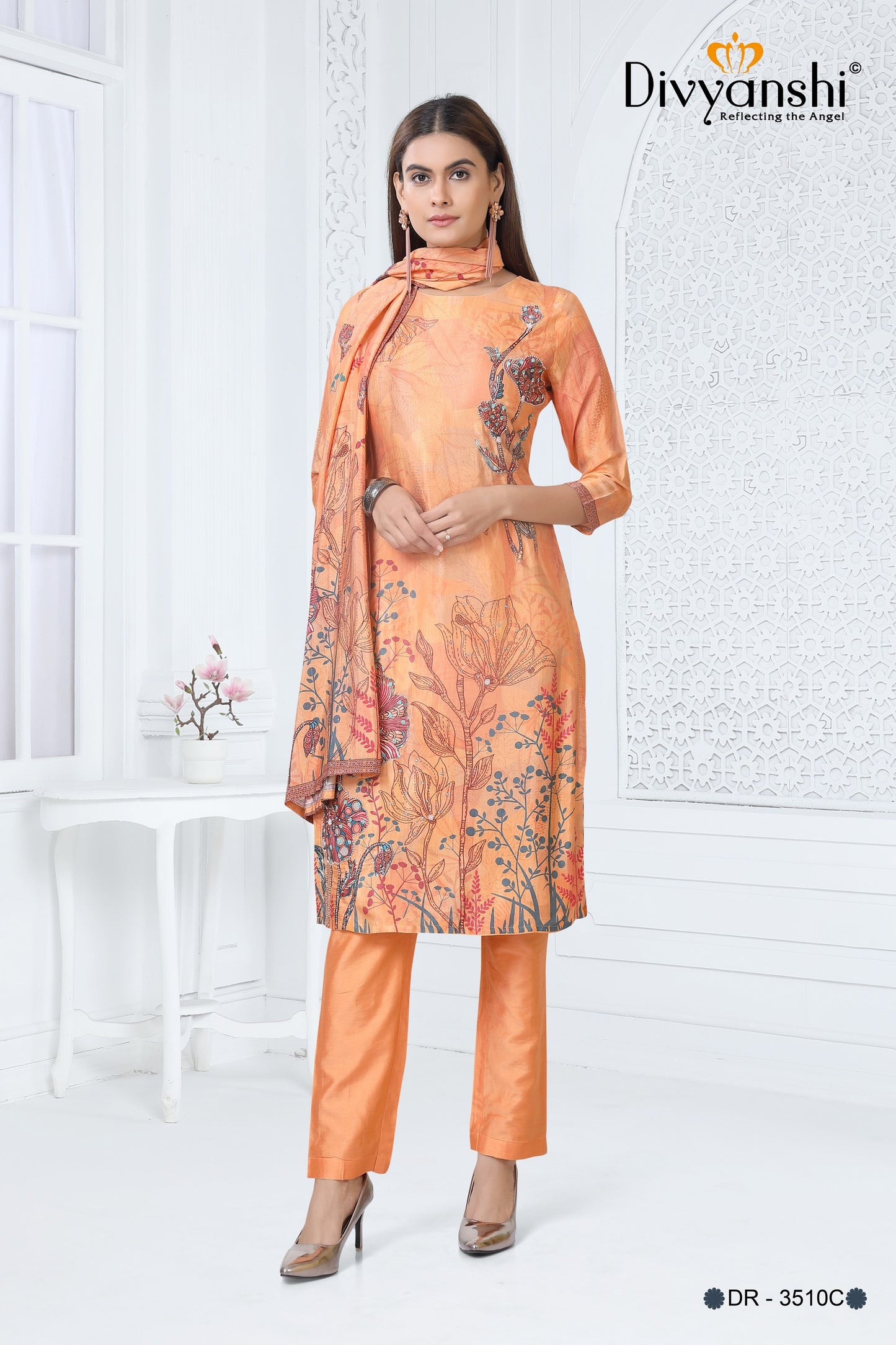 Straight Fir Designer Printed Kurti with details handwork to classy look comes along with Straight Fit Matching Pant and Dupatta (DR3510C)