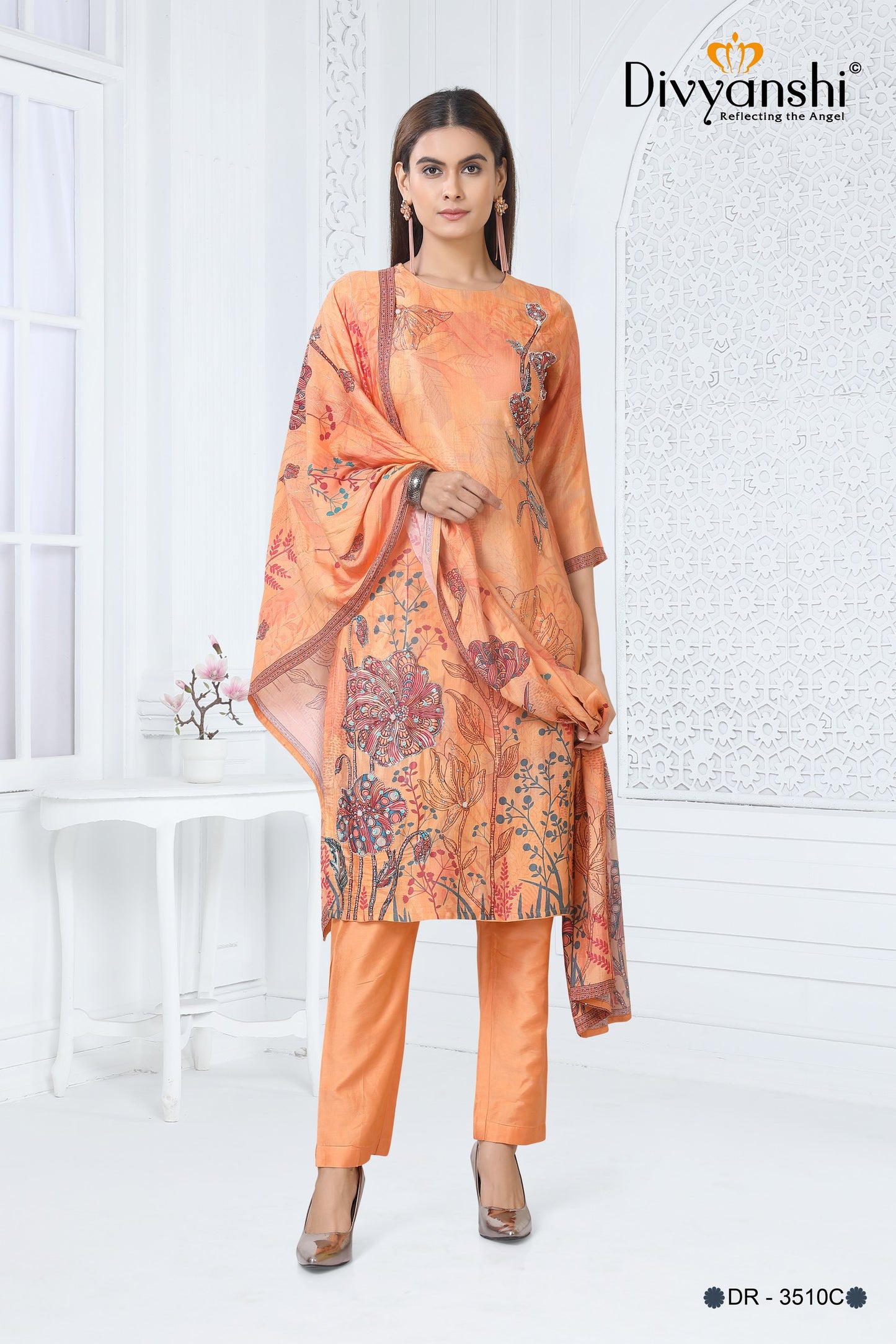 Straight Fir Designer Printed Kurti with details handwork to classy look comes along with Straight Fit Matching Pant and Dupatta (DR3510C)