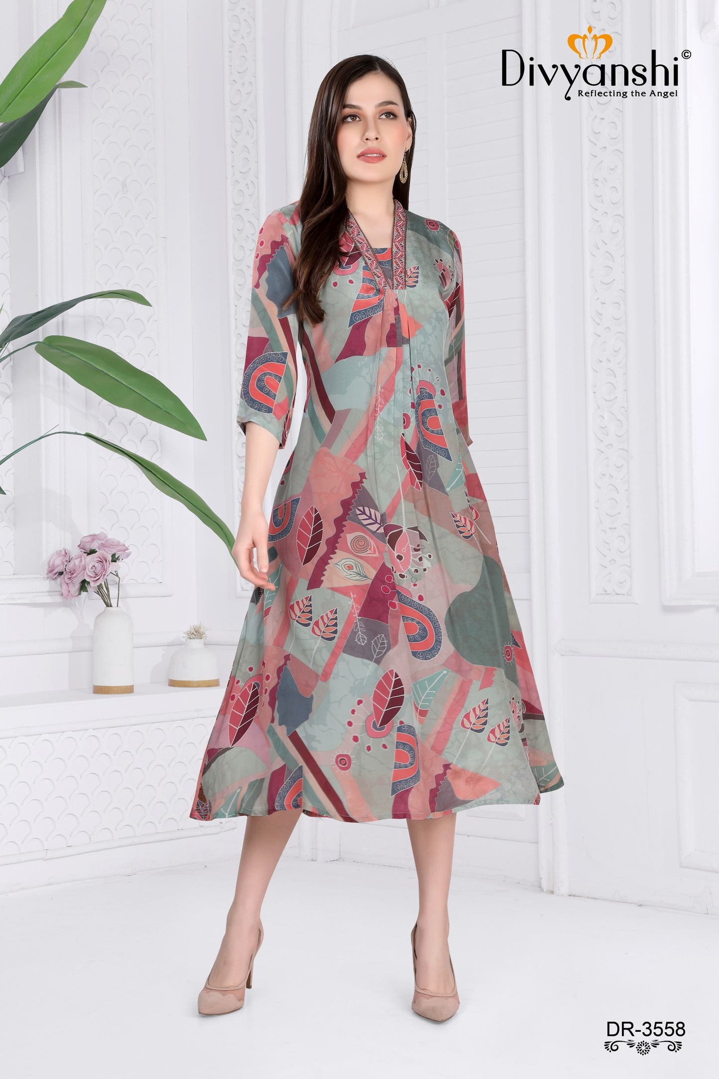 Trendy Long Kurti with fancy neck pattern made from high quality natural crepe fabric (DR3558)