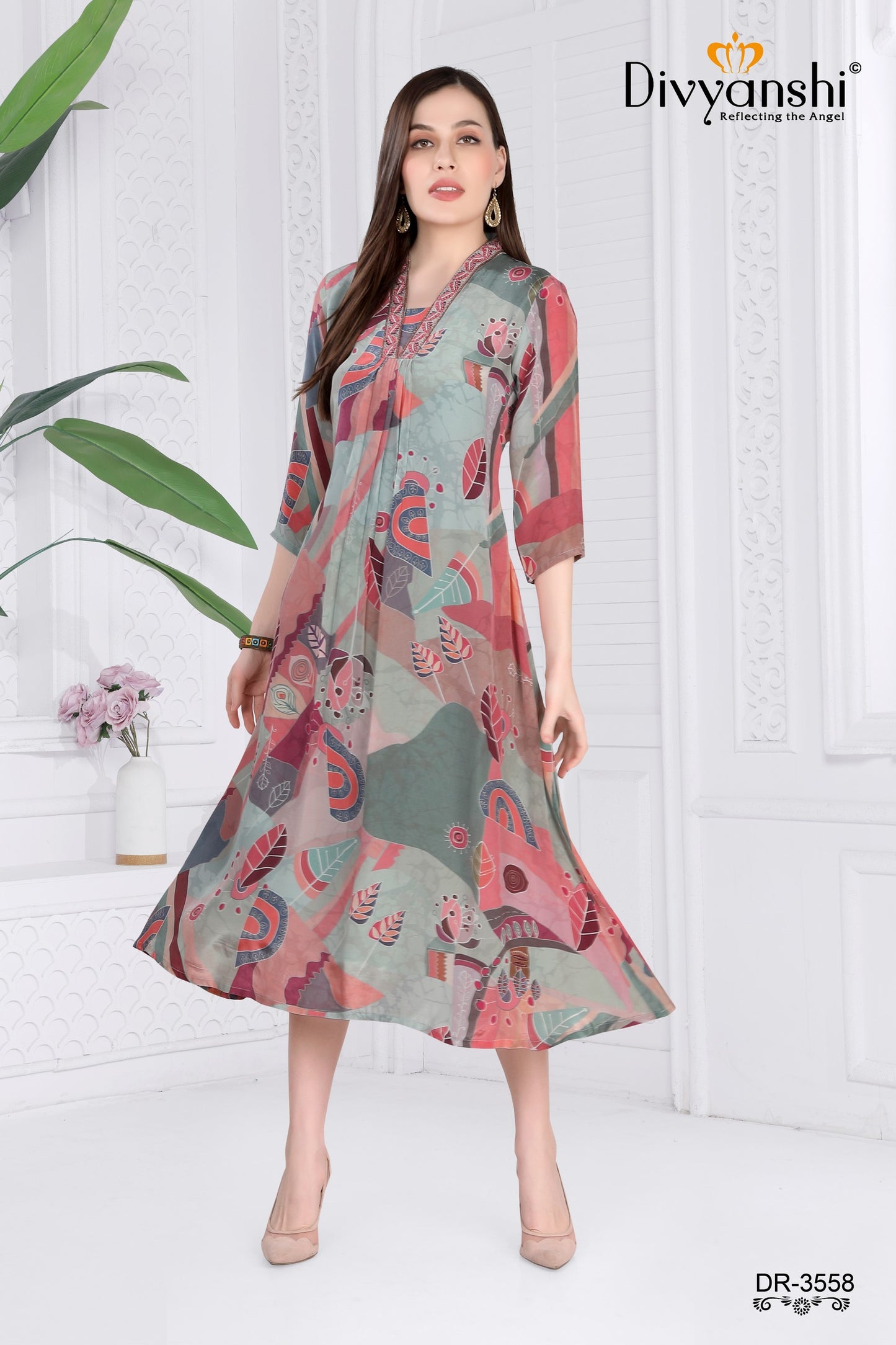 Trendy Long Kurti with fancy neck pattern made from high quality natural crepe fabric (DR3558)