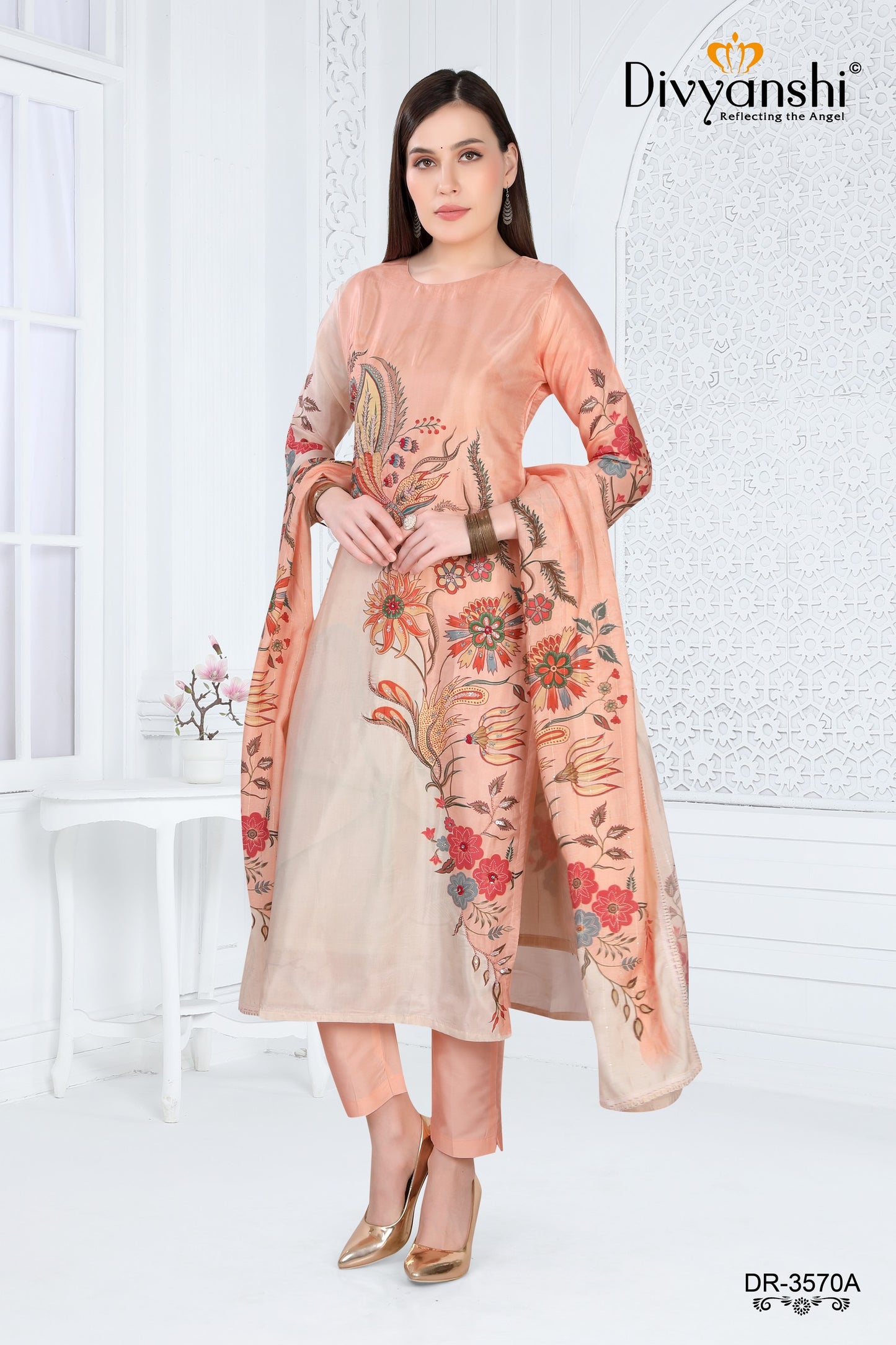 Peach Color 3Pcs Designer Kurti Set (DR3570A)