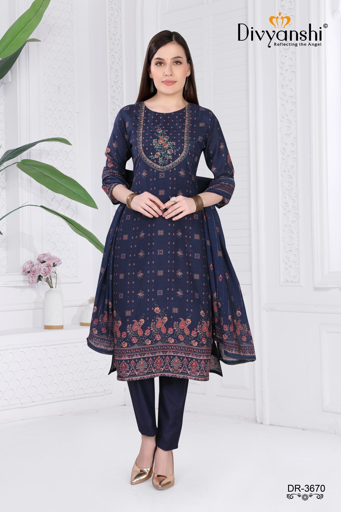 Brightup Your Summer Look with comfort and confident in our Signature 3 Pcs Designer Set made from best quality muslin fabric (DR3670)