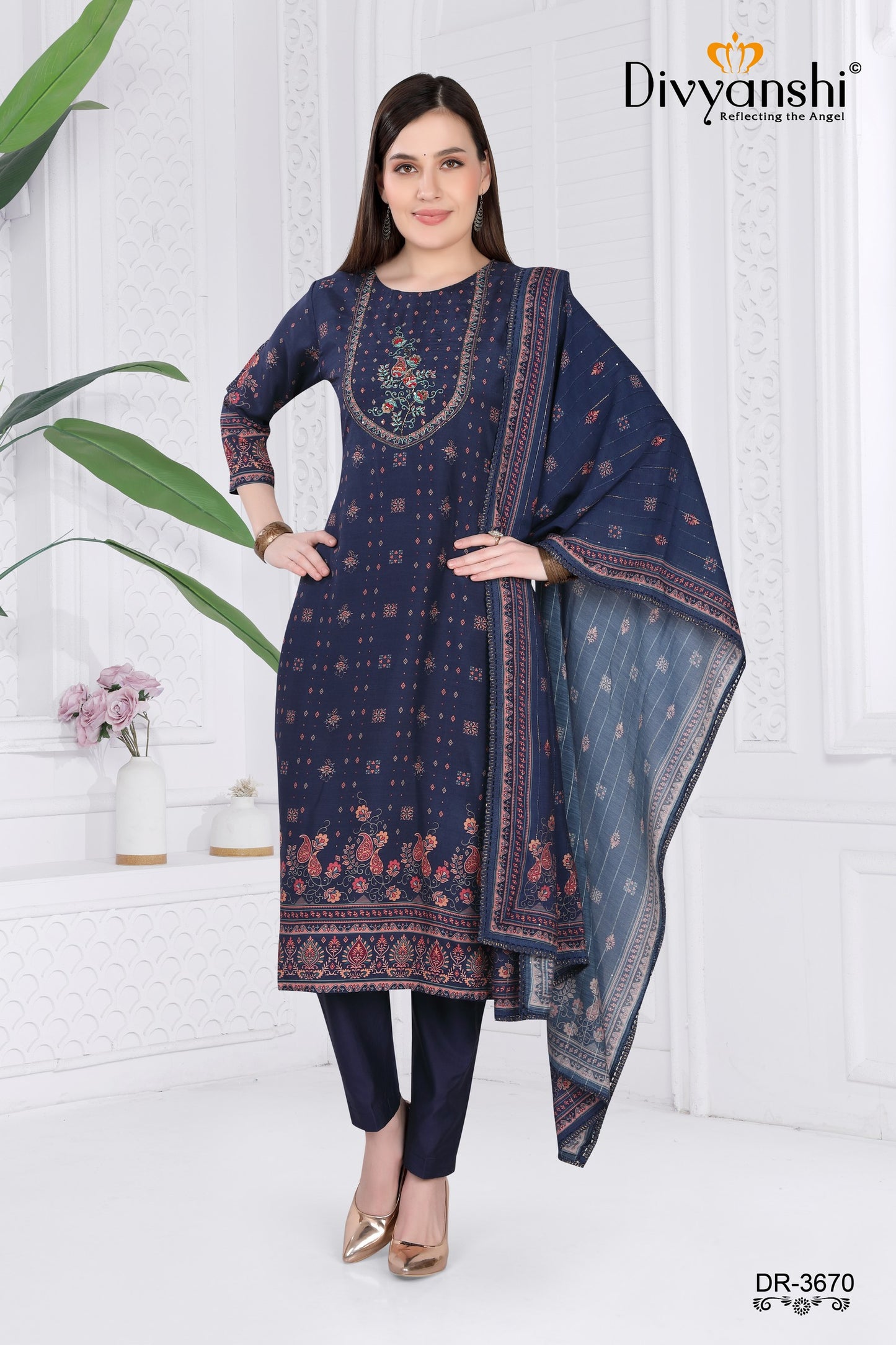 Brightup Your Summer Look with comfort and confident in our Signature 3 Pcs Designer Set made from best quality muslin fabric (DR3670)