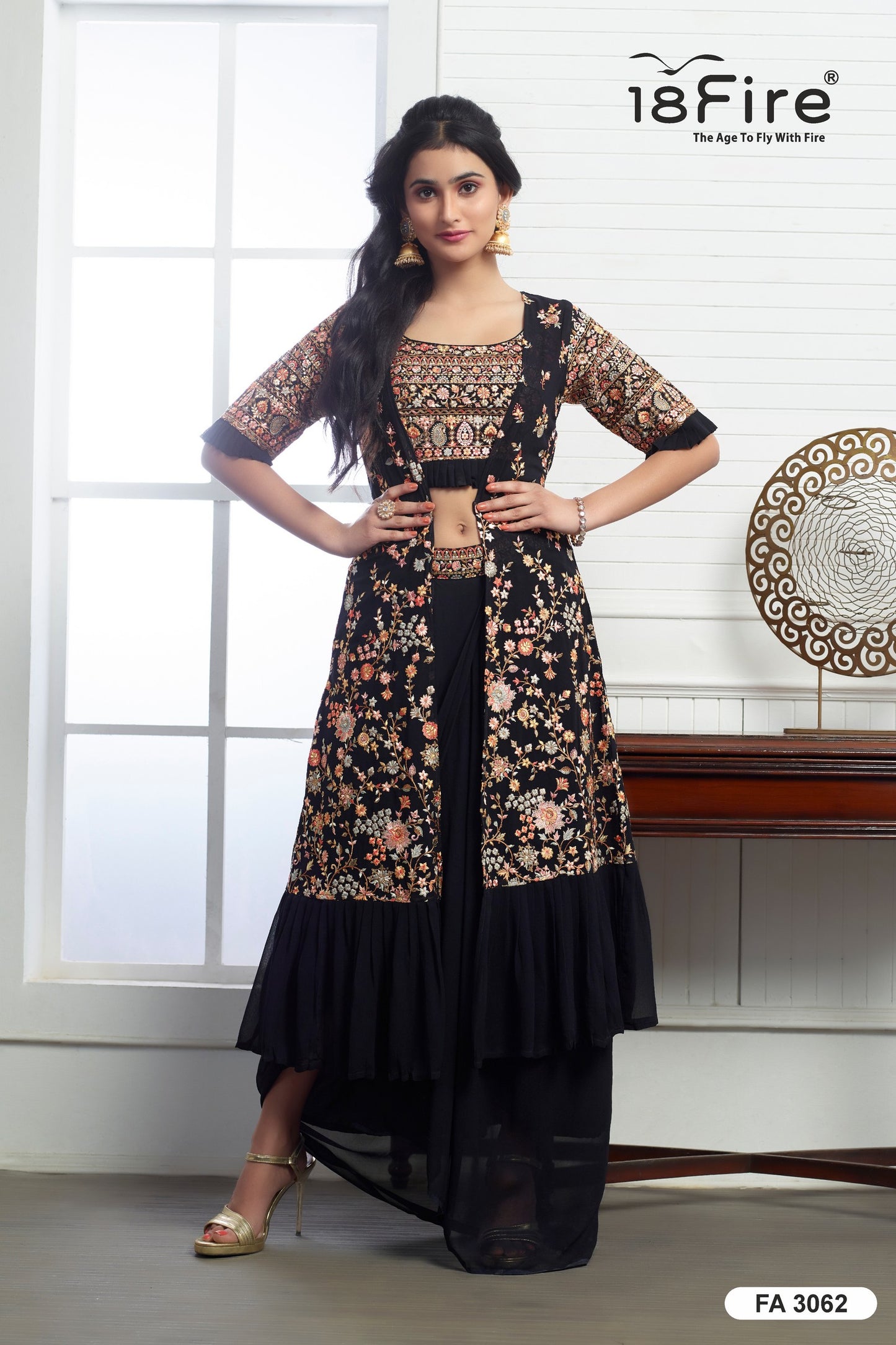Traditional Designer Set with detailed zari embroidery work on Jacket, Croptop Blouse and Bottom Hemline - FA3062