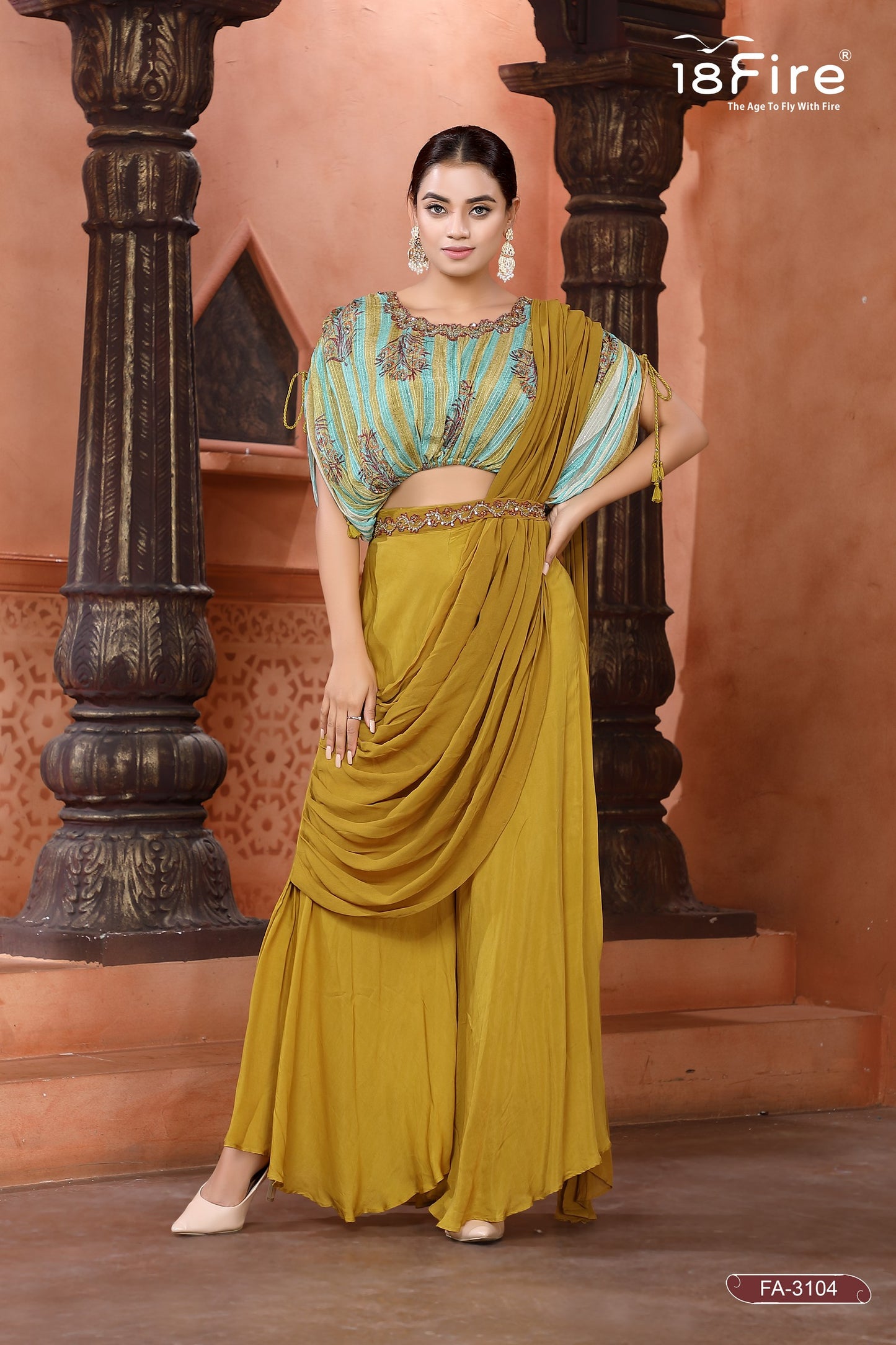 Designer Croptop with detailed handwork on hemline paired with matching palazzo and draped style dupatta