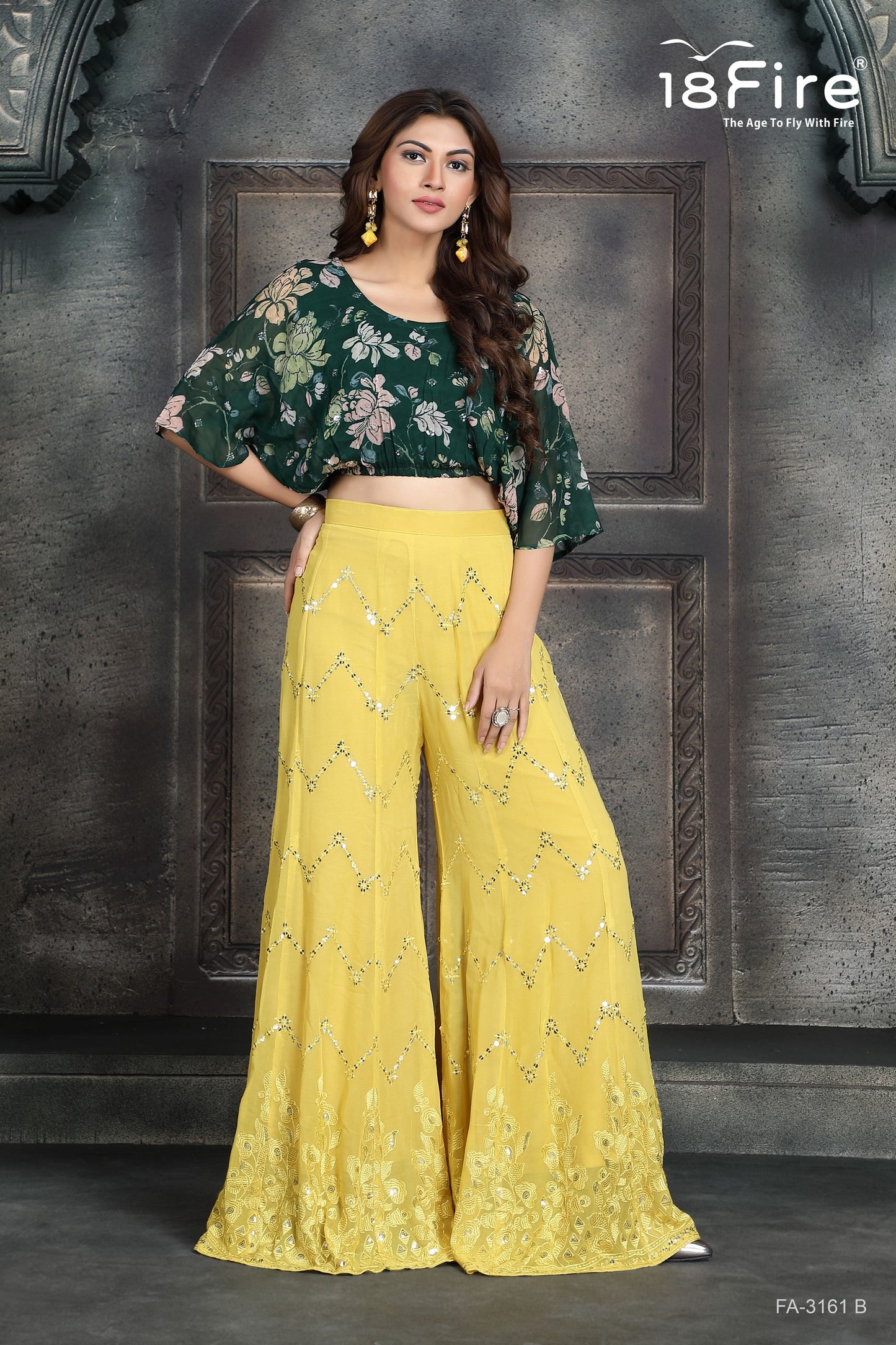 Floral Print Crop Top with Detailed Tiki Work Pant Set