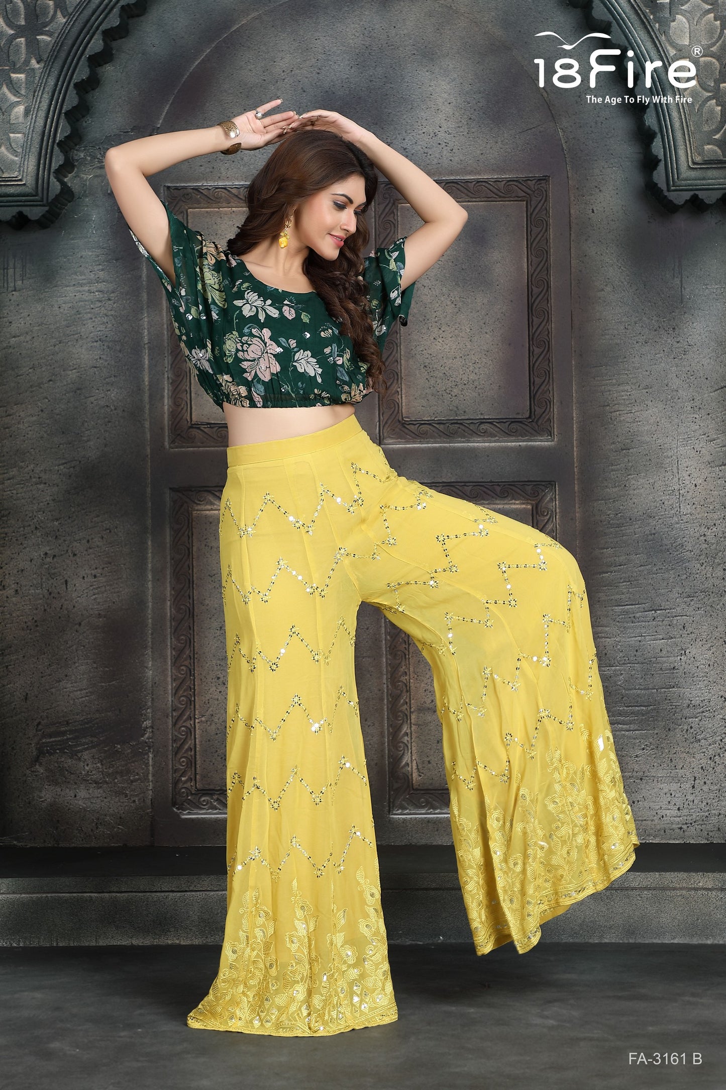 Floral Print Crop Top with Detailed Tiki Work Pant Set