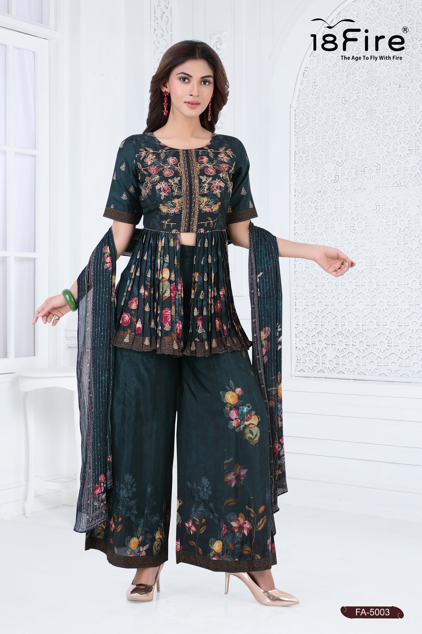 3 Pcs Ethnic Detailed Work Floral Print Designer Set