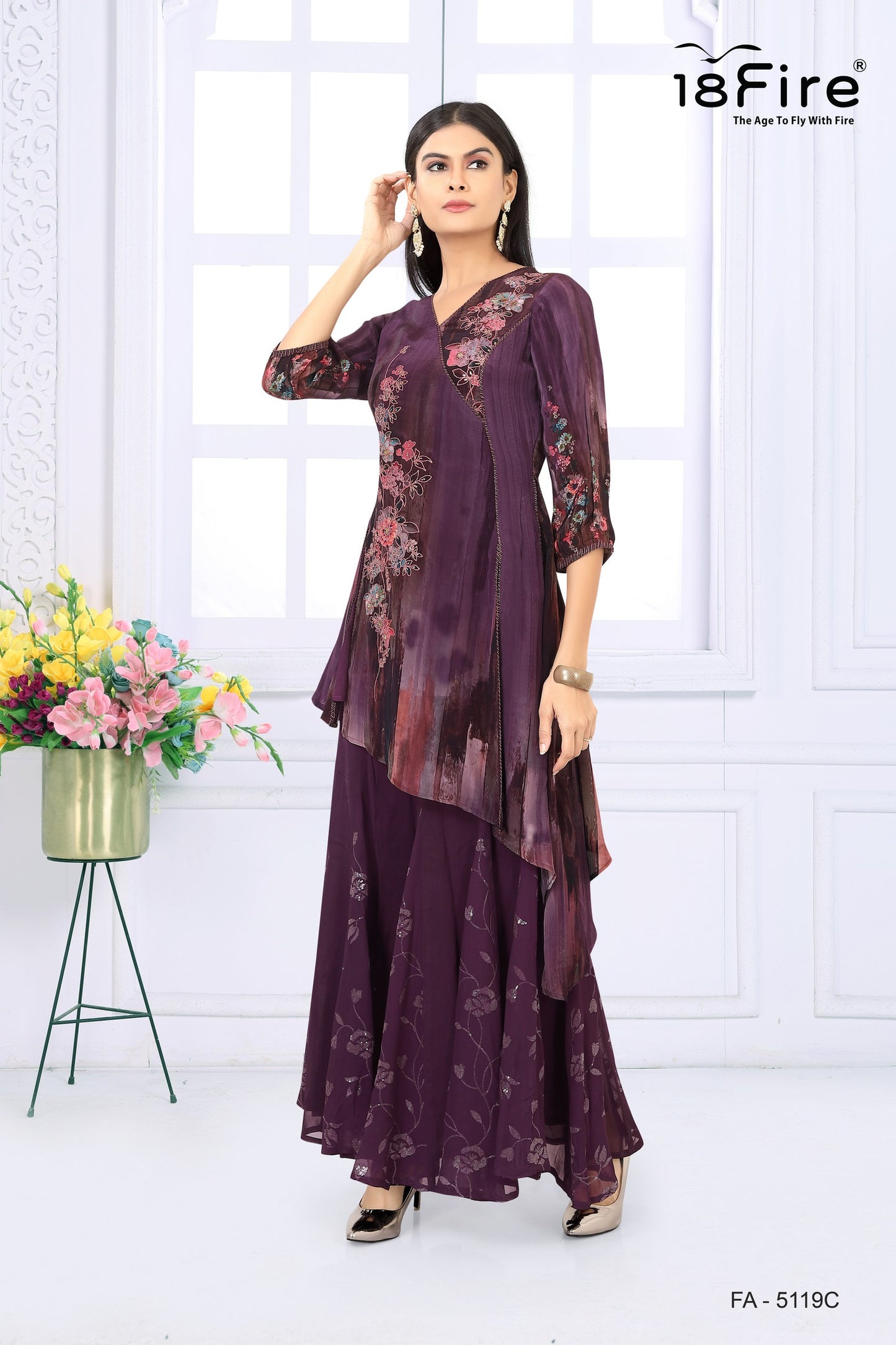 Elegant Wine Indo-Western Asymmetric Plazo Suit with Floral Print & Dupatta (FA5119C)