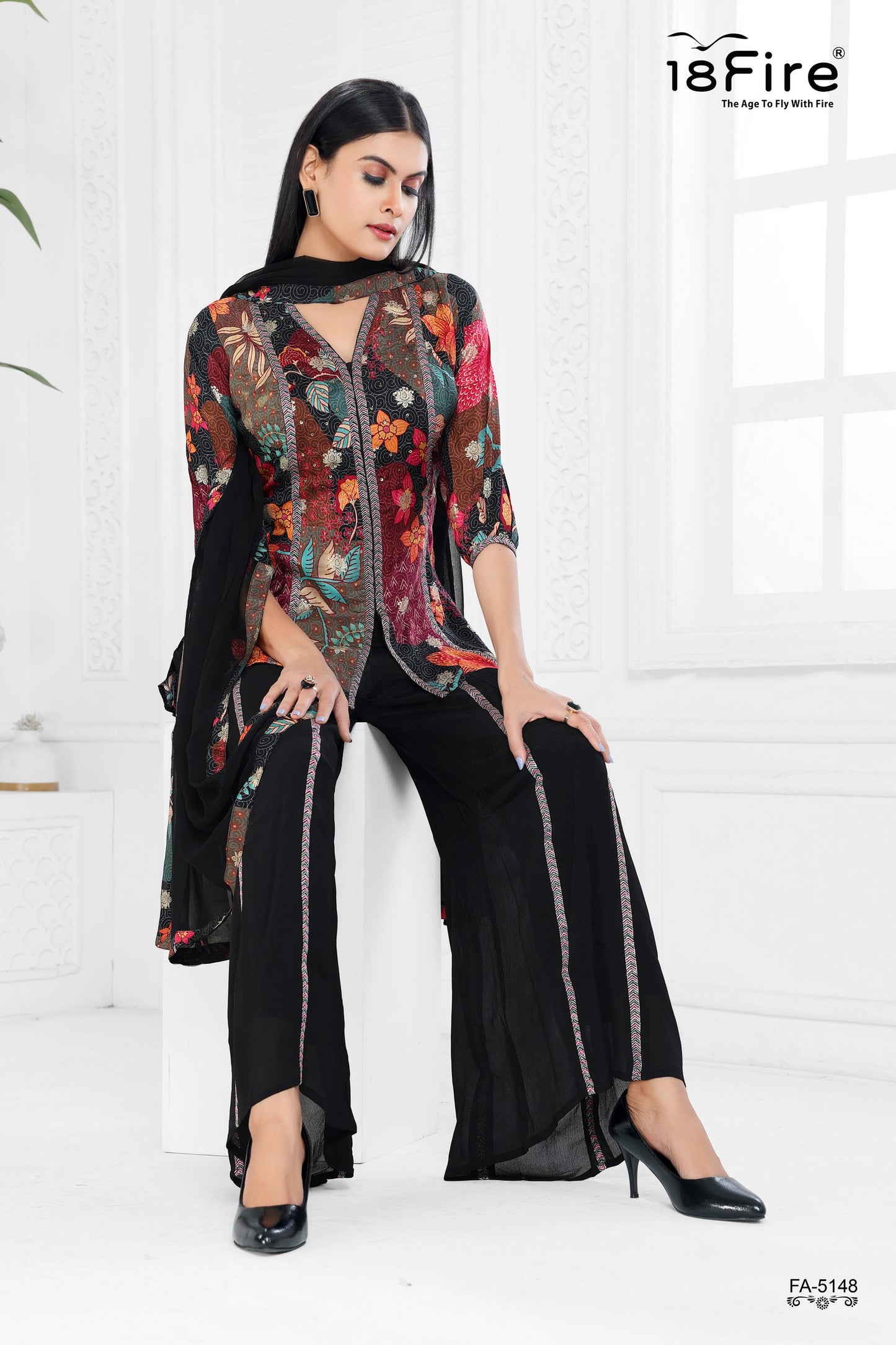 Stylish Printed Fusion Wear with a Scarf, a type of Indian ethnic wear that blends traditional and contemporary styles (FA5148)