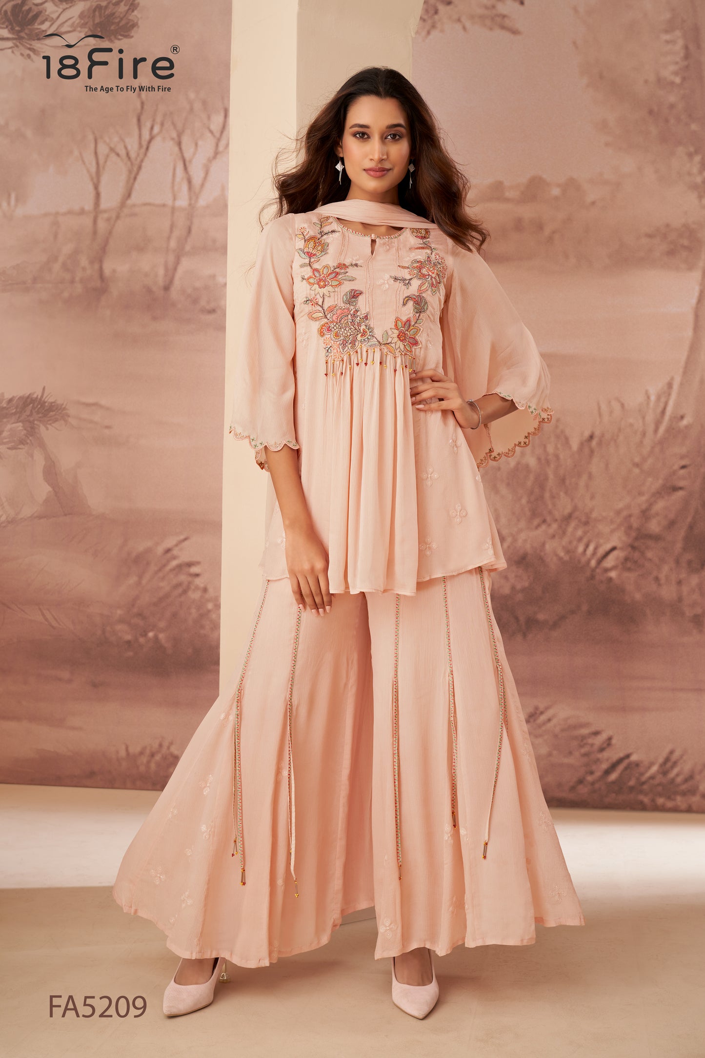 Elegant Anarkali Style Kurta paired with sharara pant and matching dupatta offering comfort and flattering fit (FA5209)