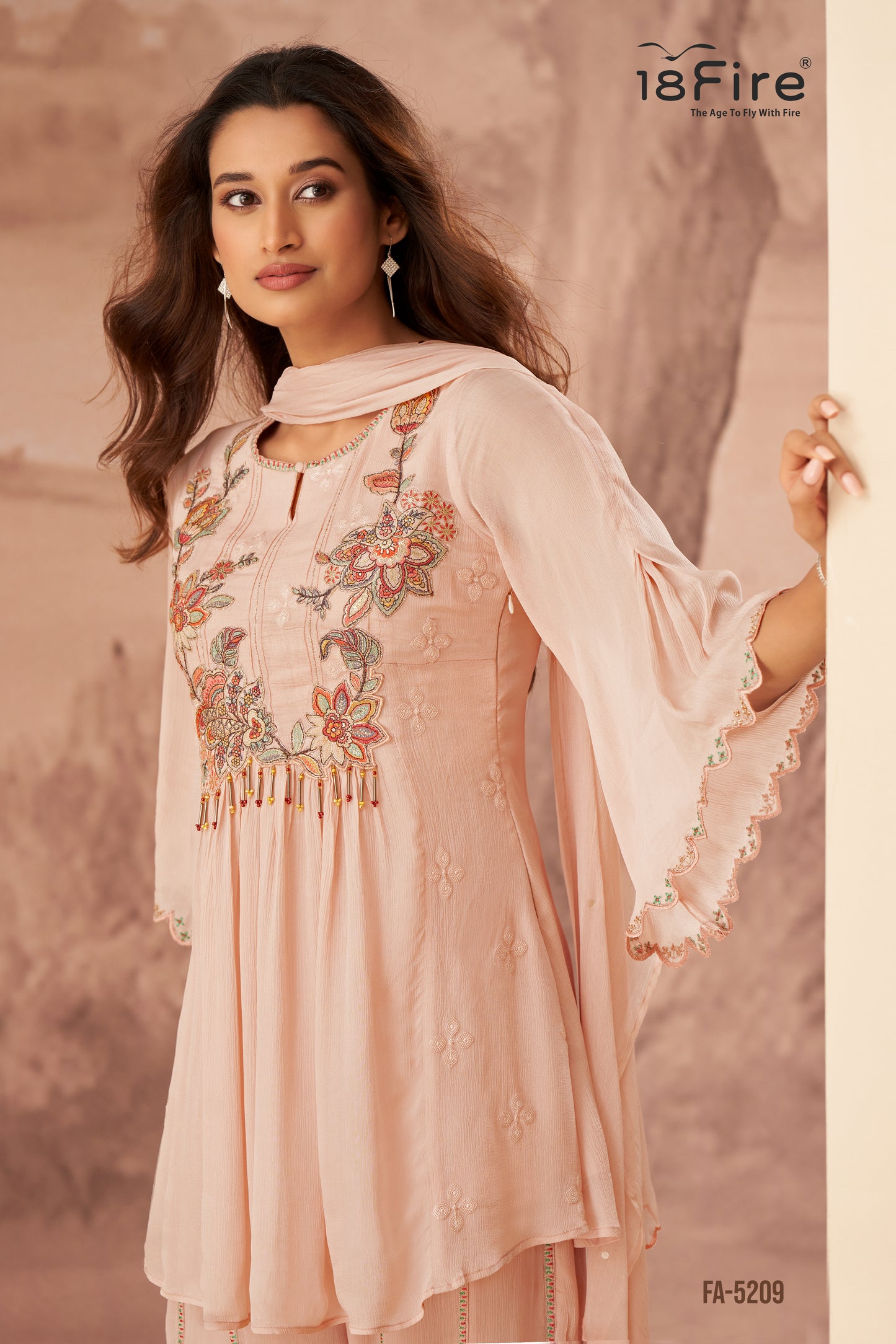 Elegant Anarkali Style Kurta paired with sharara pant and matching dupatta offering comfort and flattering fit (FA5209)
