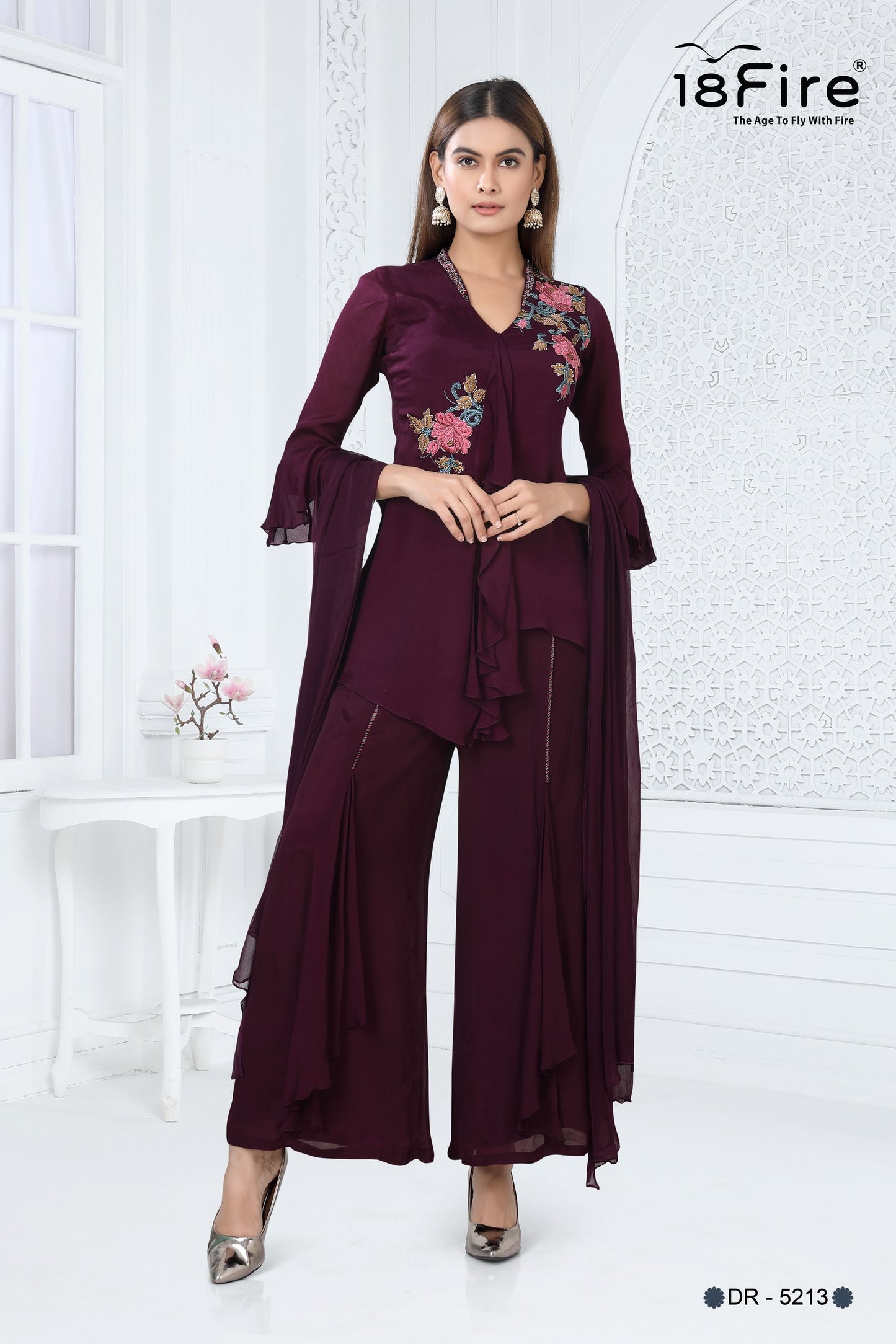 Ethnic Tunic style Wine colored Short Kurti with floral hand embroidery comes along with stylist bottom and matching dupatta (FA5213)