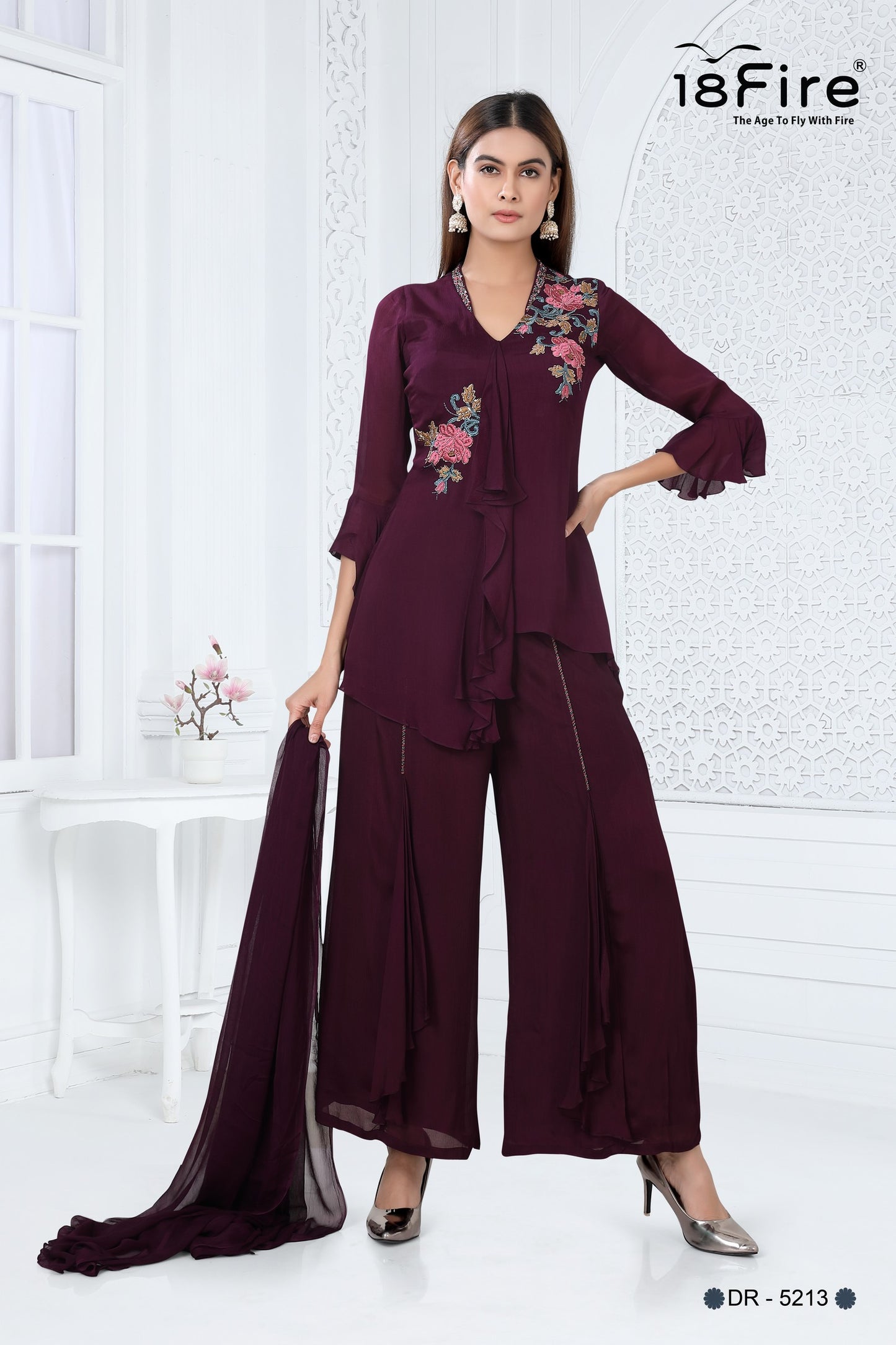 Ethnic Tunic style Wine colored Short Kurti with floral hand embroidery comes along with stylist bottom and matching dupatta (FA5213)