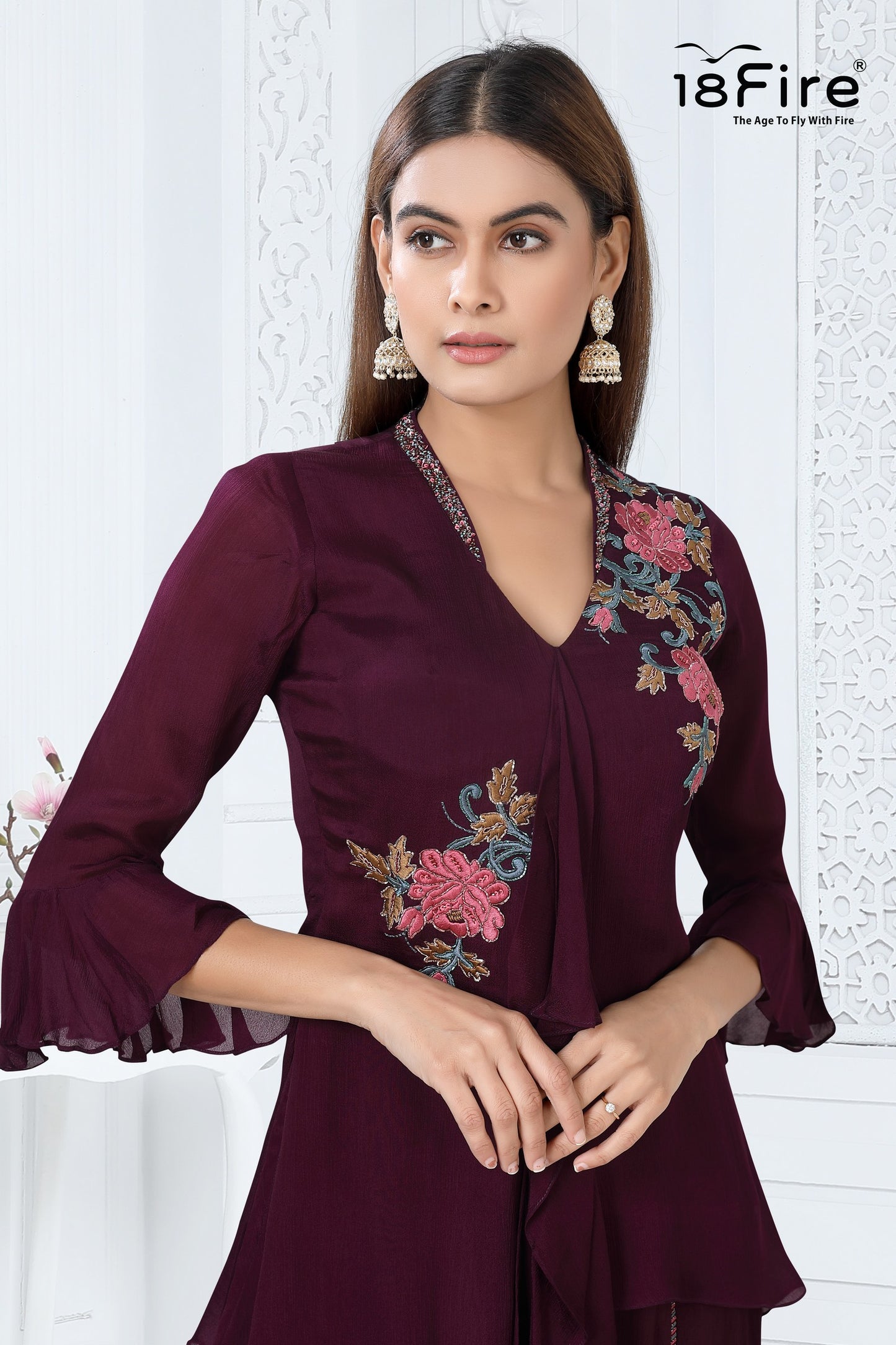 Ethnic Tunic style Wine colored Short Kurti with floral hand embroidery comes along with stylist bottom and matching dupatta (FA5213)