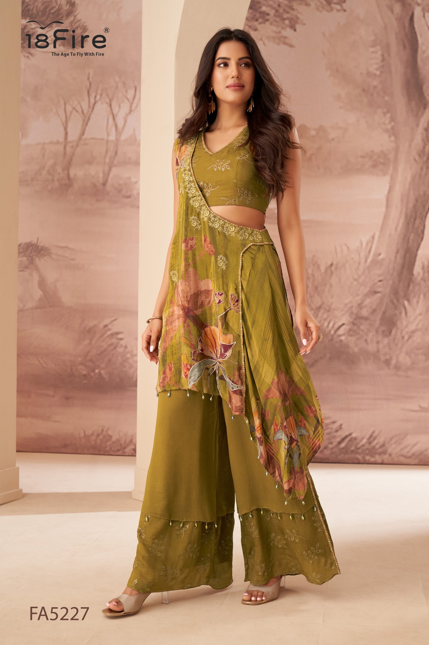 Olive Green Floral Printed Palazzo Suit / Indo-Western Ethnic Set (FA5227)