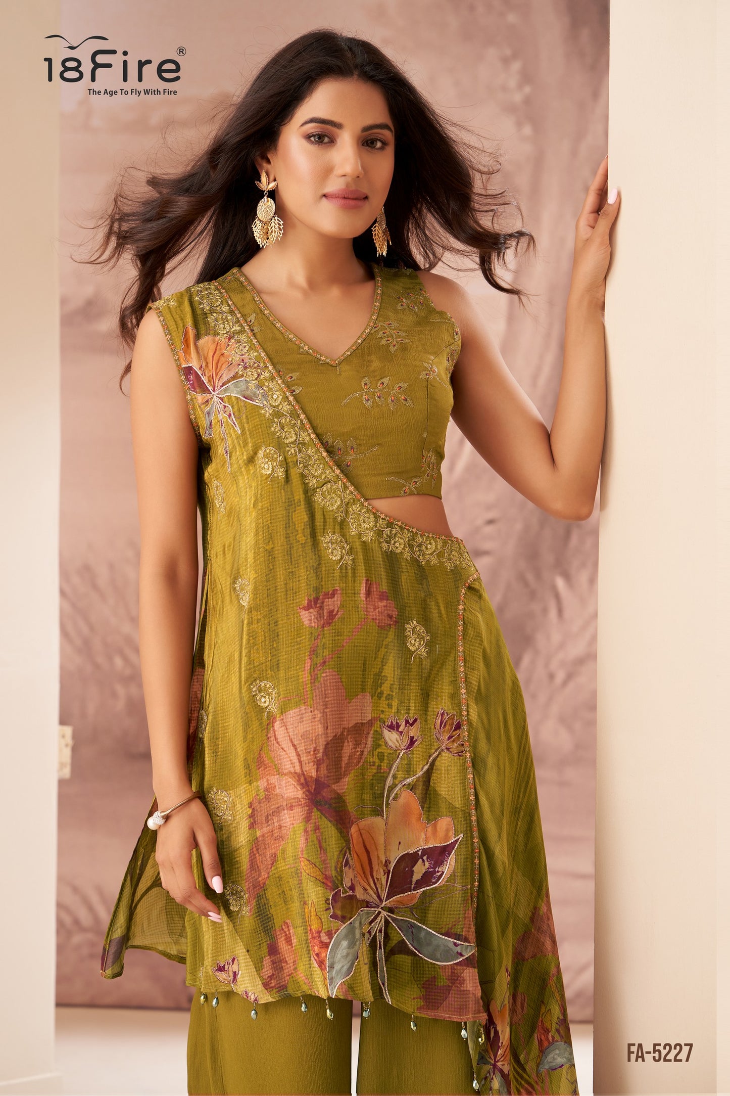 Olive Green Floral Printed Palazzo Suit / Indo-Western Ethnic Set (FA5227)