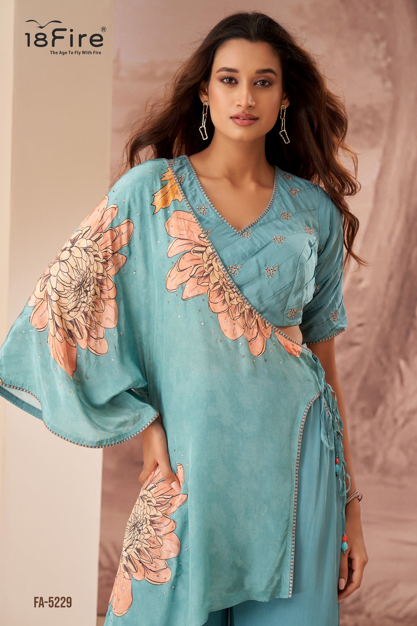 Pastel Blue Shade V neck embellished detailed worked Crop Top with floral style an asymmetrical wrap style dupatta with palazzo pant (FA5229)