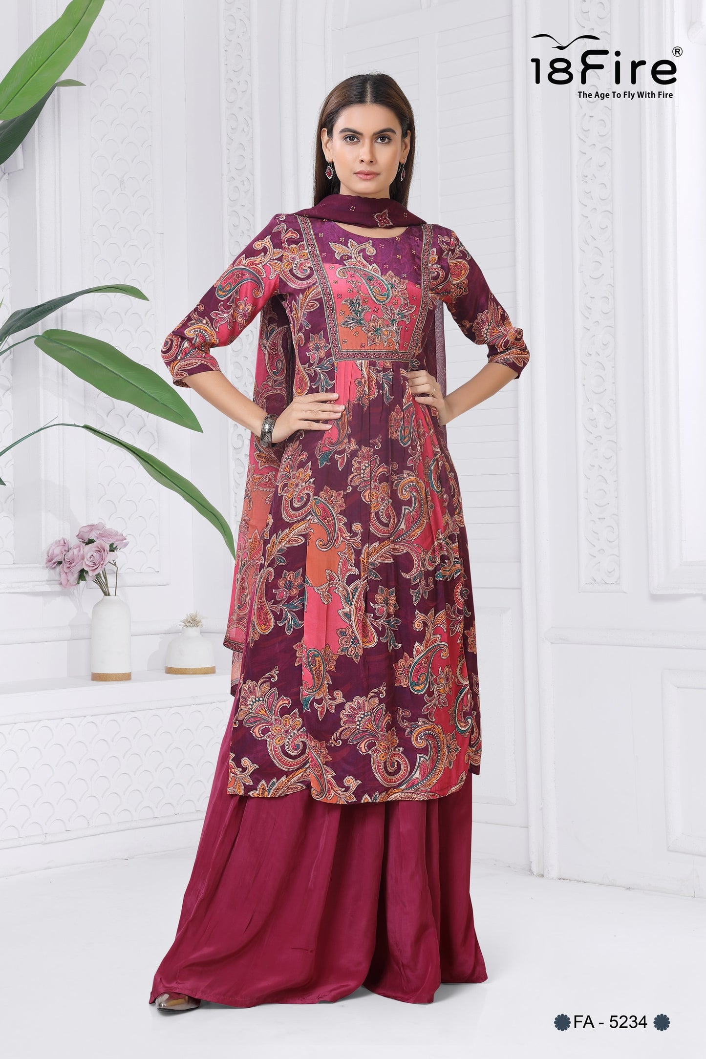 Designer A line Kurti with fancy flared cut and detailed handwork for classic timeless look paired with matching palazzo pant and dupatta (FA5234)