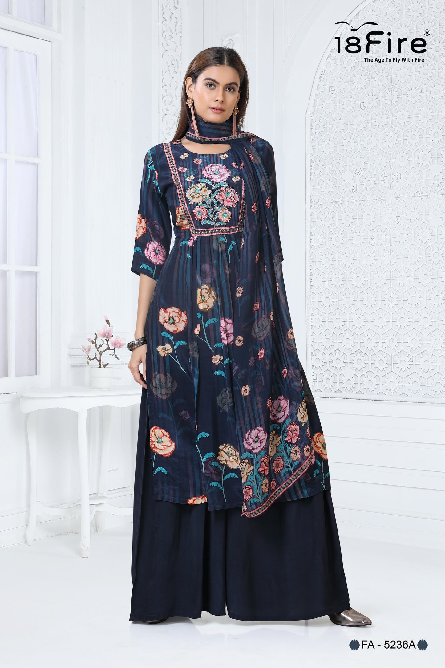Elegant three-piece outfit features a navy blue floral print kurta, solid navy palazzo pants, and a matching dupatta (FA5236A)