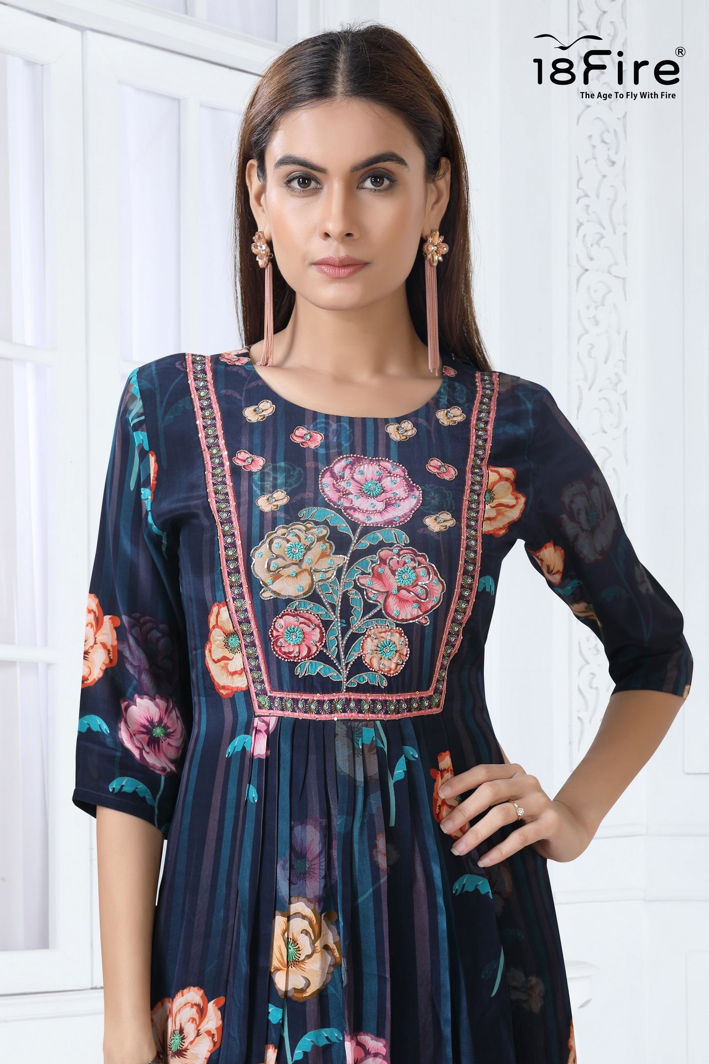 Elegant three-piece outfit features a navy blue floral print kurta, solid navy palazzo pants, and a matching dupatta (FA5236A)
