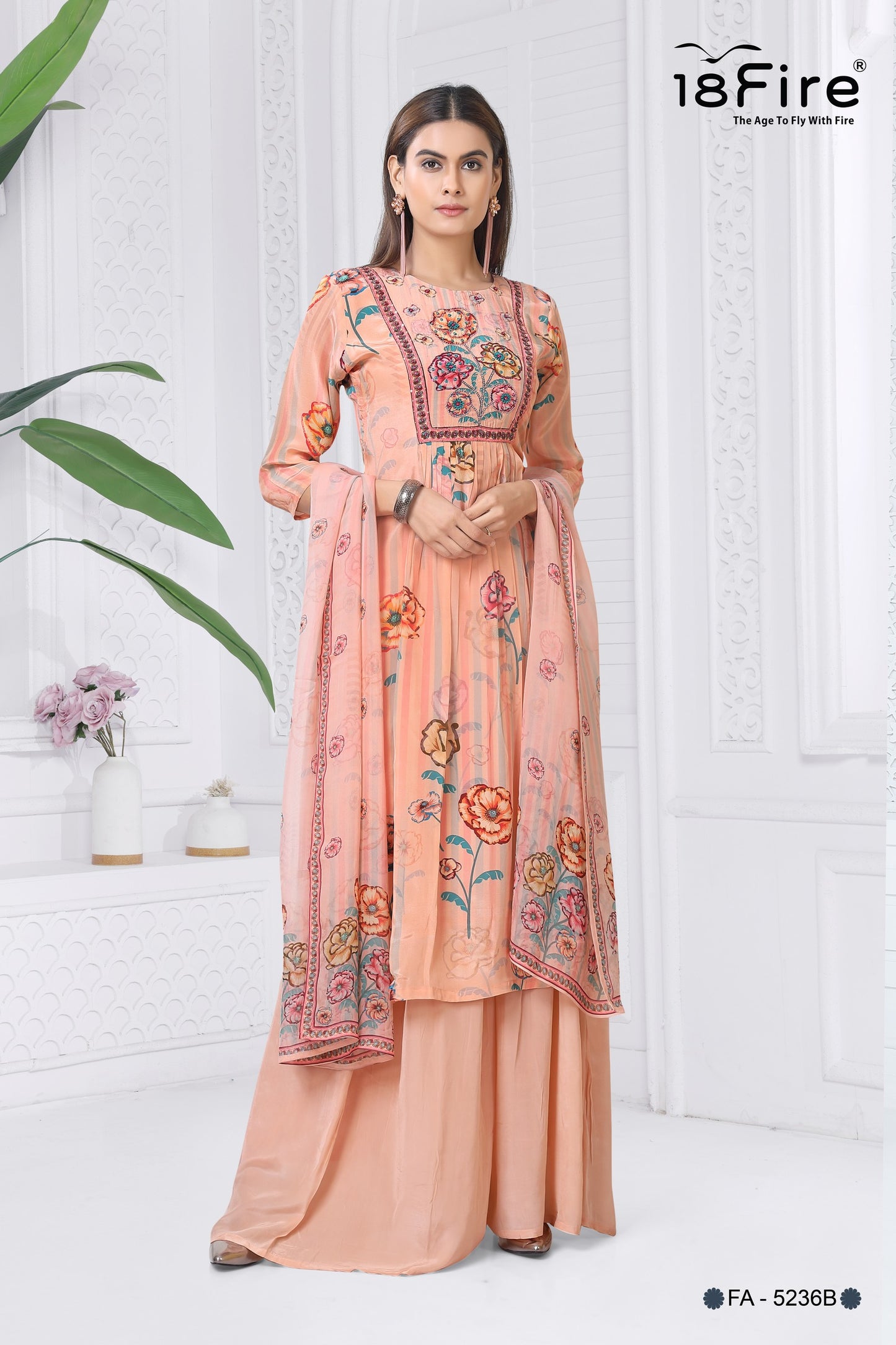 This is a Vishudh floral printed kurta with palazzos and dupatta set, ideal for festive or casual occasions (FA5236B)