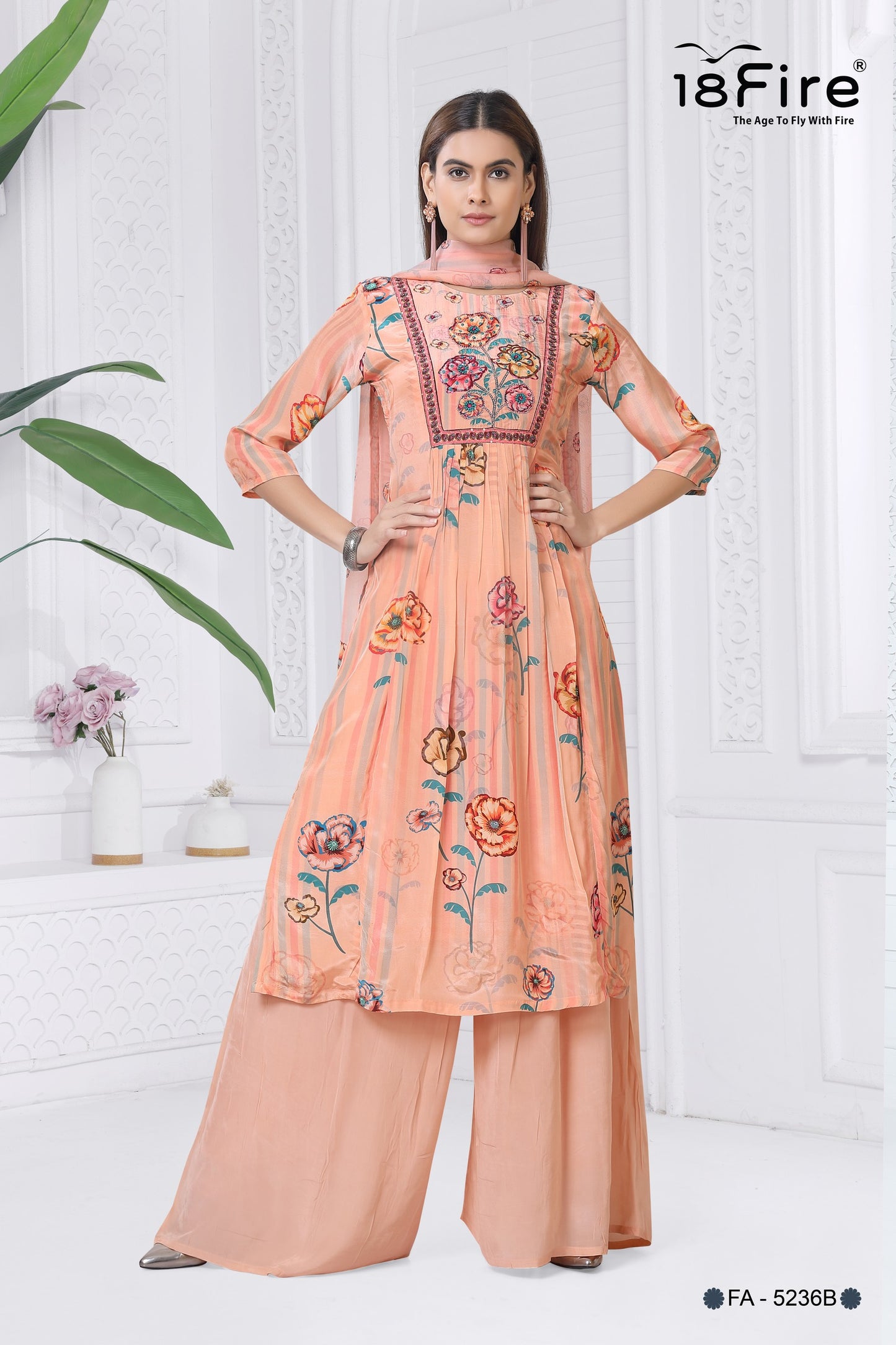 This is a Vishudh floral printed kurta with palazzos and dupatta set, ideal for festive or casual occasions (FA5236B)