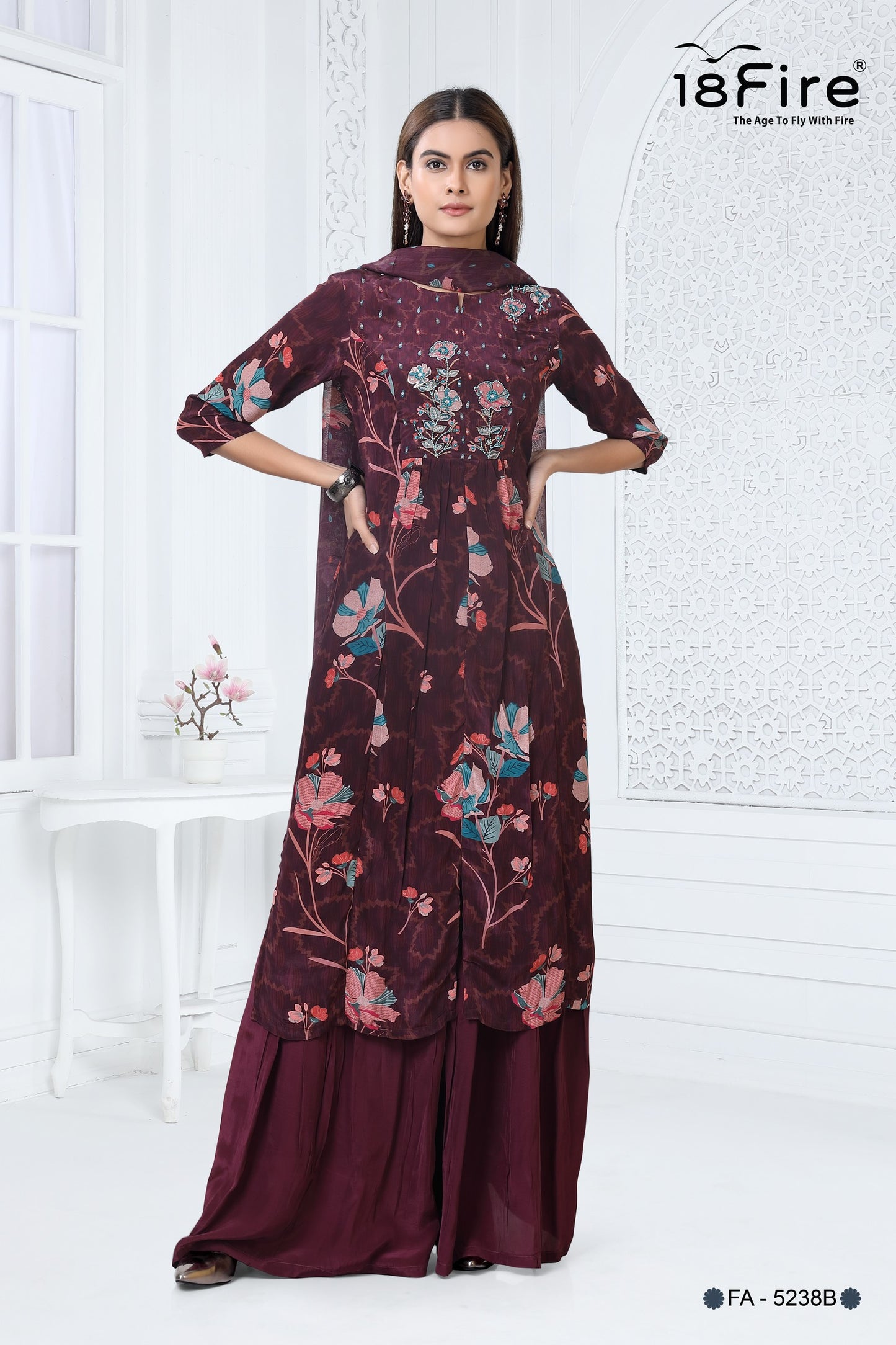 This burgundy-colored floral print kurti with matching palazzo and dupatta (FA5238B)