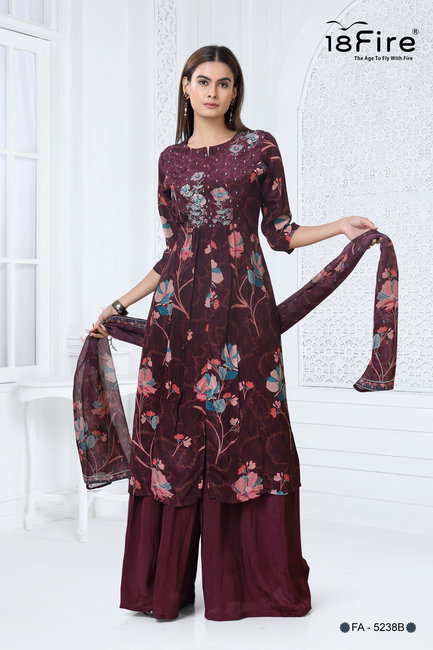 This burgundy-colored floral print kurti with matching palazzo and dupatta (FA5238B)