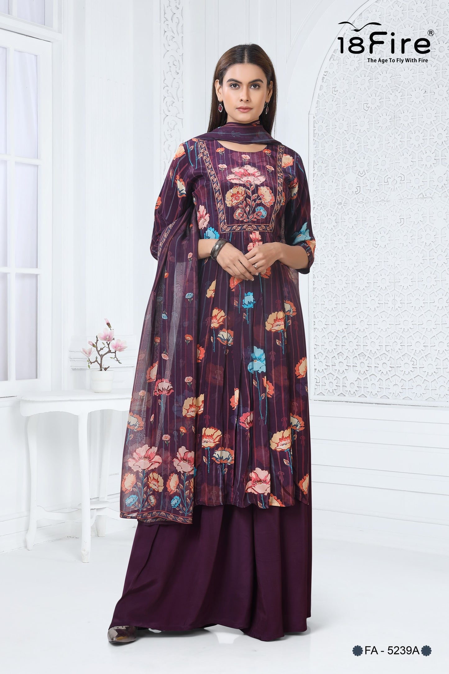This is a women's three-piece suit, likely for casual or semi-formal wear. The suit features a dark purple color scheme with a floral print (FA5239A)