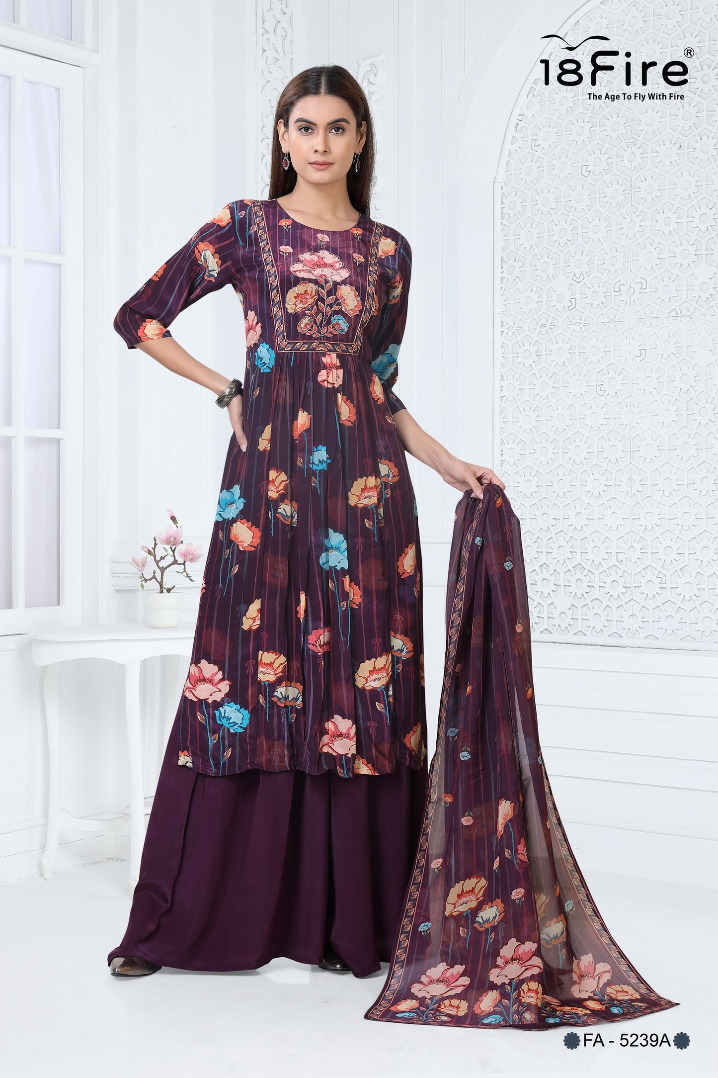 This is a women's three-piece suit, likely for casual or semi-formal wear. The suit features a dark purple color scheme with a floral print (FA5239A)