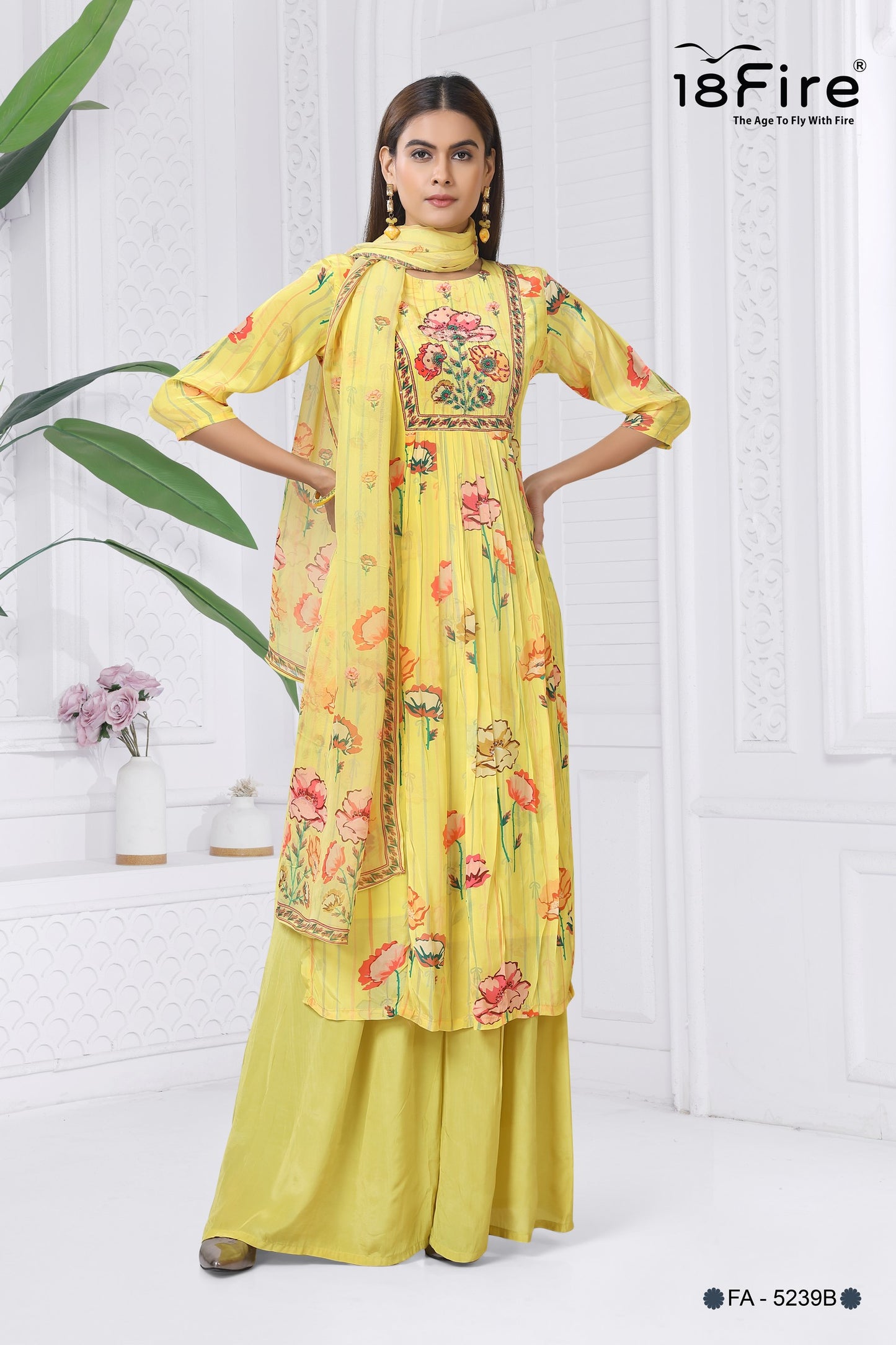 This is a yellow floral print Kurti with Palazzos and Dupatta set (FA5239B)